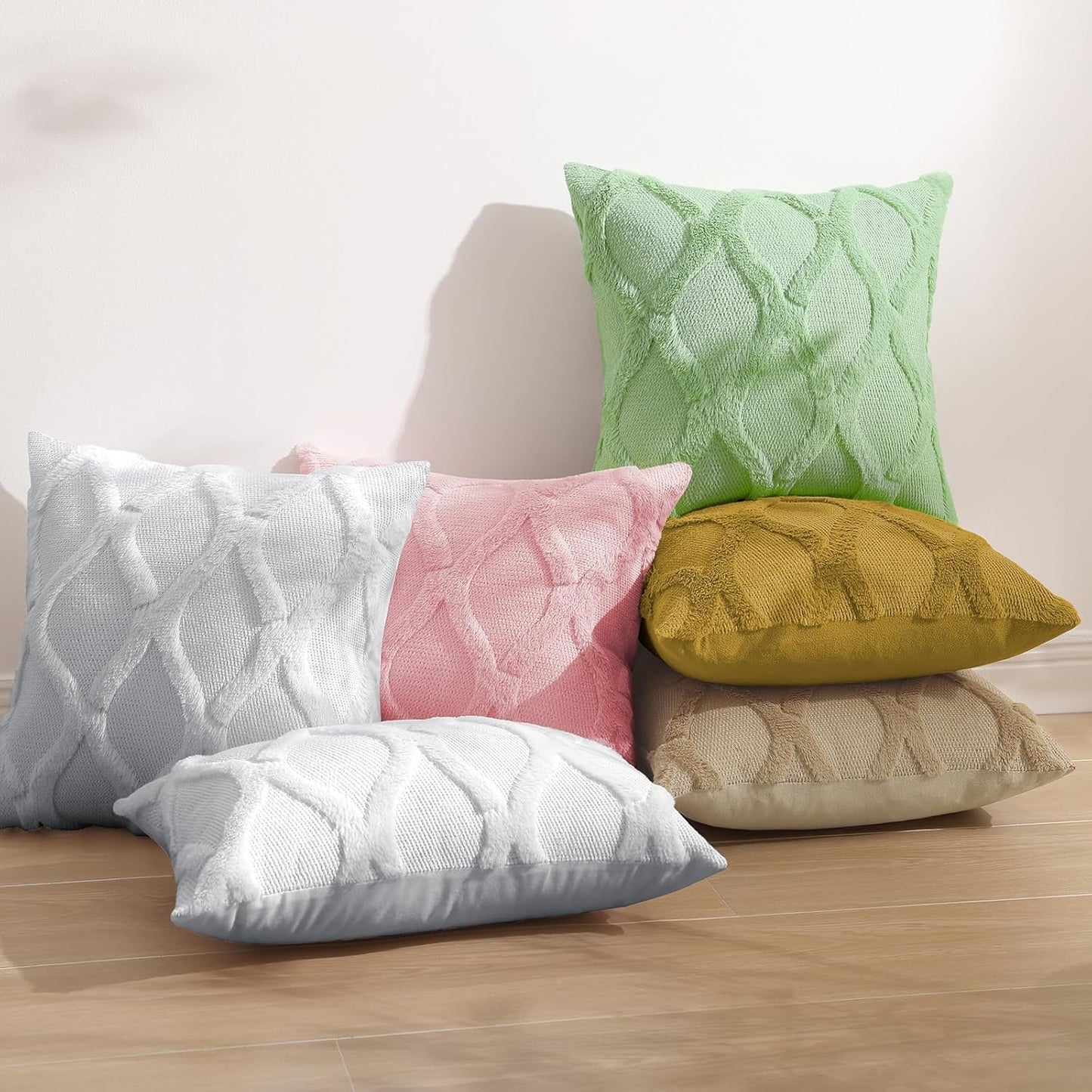 decorUhome Throw Pillow Covers 24x24 Inch Set of 2, Soft Plush Faux Fur Wool Khaki Couch Pillow Covers, Decorative Neutral Pillow Cases for Bed Sofa Living Room Home Decor