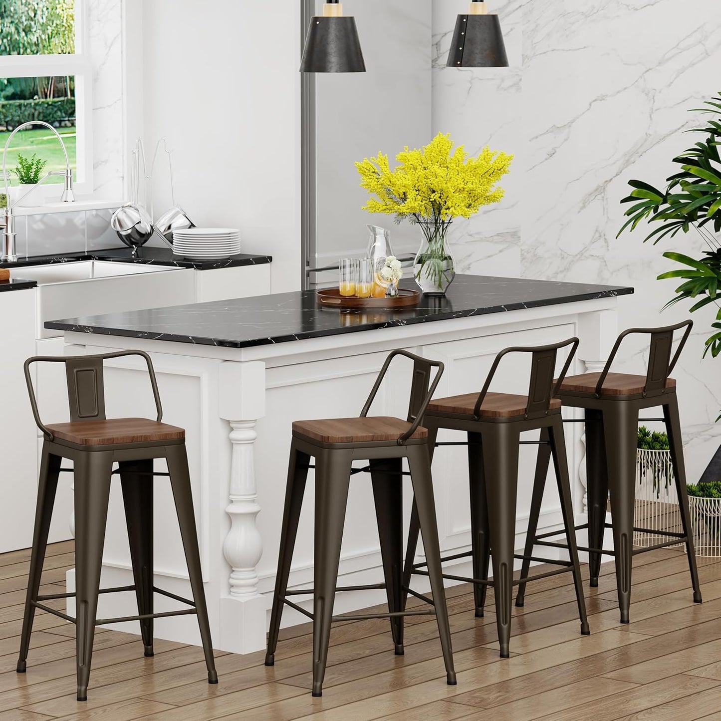 Yongchuang 30 inch Bar Stools Set of 4 Bar Height Metal Barstools with Wood Seat Low Back Kitchen Bar Chairs Gunmetal