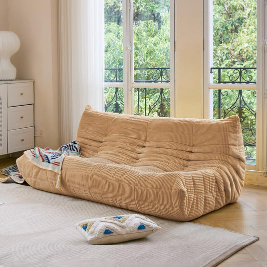 N&V Fireside Three Seater Sofa, Mid Century Armless Twin Size Floor, Soft Premium Corduroy Floor Lounge Chair, Foam Sofa Accent Chair for Living Room, Bedroom (Beige)