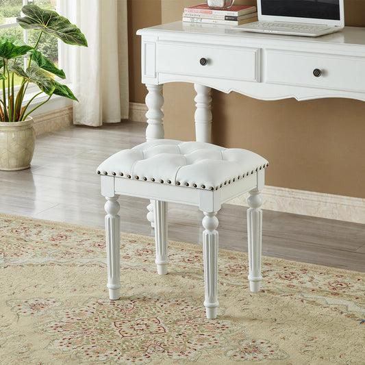 Vanity Bench Stool with Microfiber Leather Cushion, Vanity Chair Ottoman Dressing Stool with Solid Wood Legs for Bedroom, Makeup Room, Dressing Room (White)