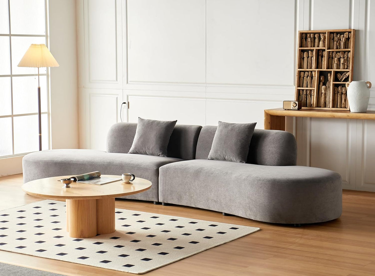 Container Furniture Direct 132" Curved Sofa with Throw Pillows, 6 Seater Luxury Velvet Couch with Half Moon Design and High-Density Foam, Ideal for Modern Living Room, Office & Apartment, Grey