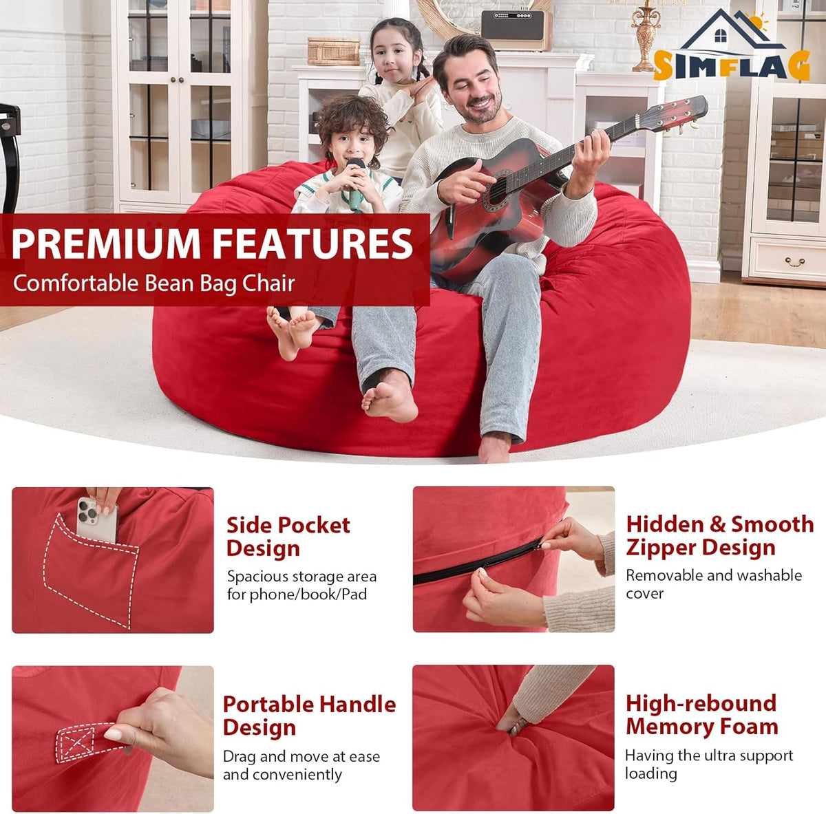 4FT Bean Bag Chair, Large Bean Bag Chairs with Memory Foam Filled, Fluffy Beanbag Sofa with Dutch Velvet Cover, Round BeanBag Chairs for Living Room, Playroom - Red