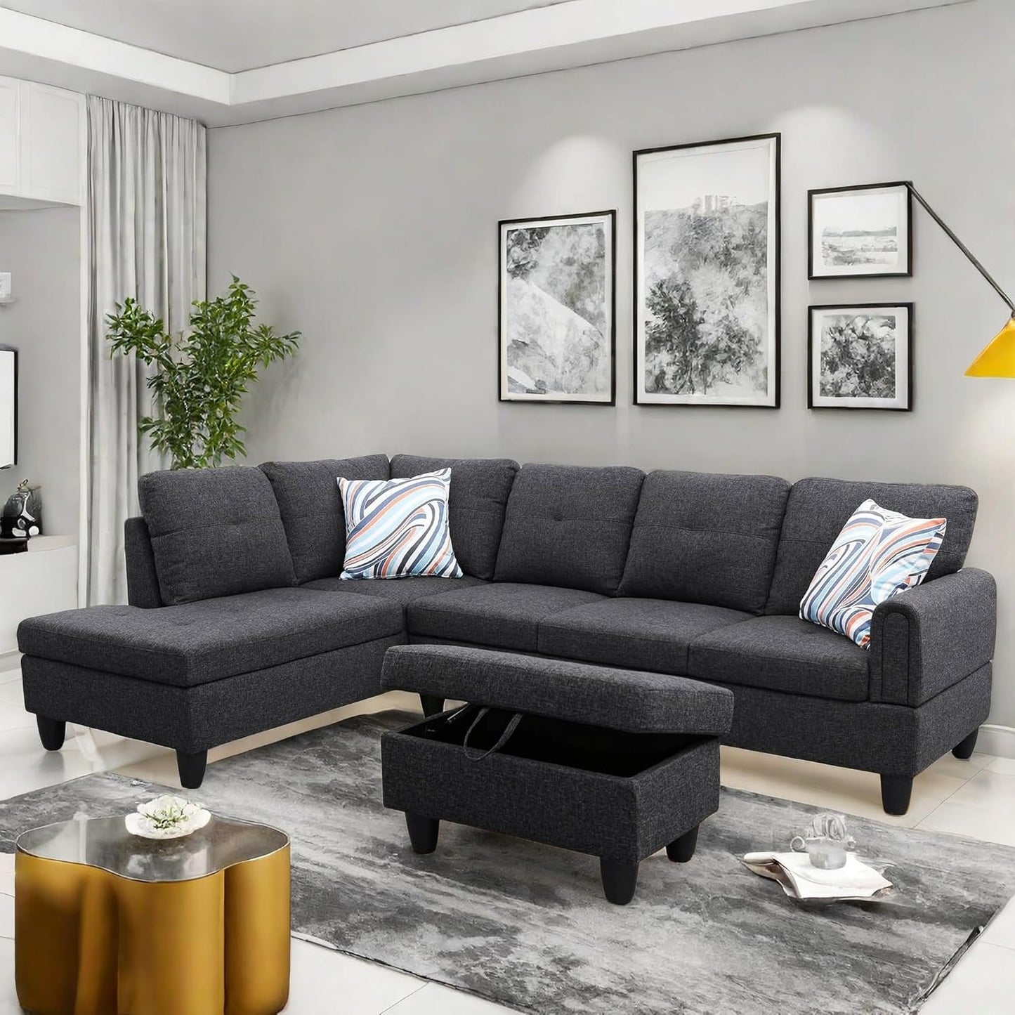 Convertible Sectional Couch, Large L Shaped Couch with Storage, Modern Modular 5-Seat Sectional Sofa with Ottomans for Living Room and Office, Black Grey