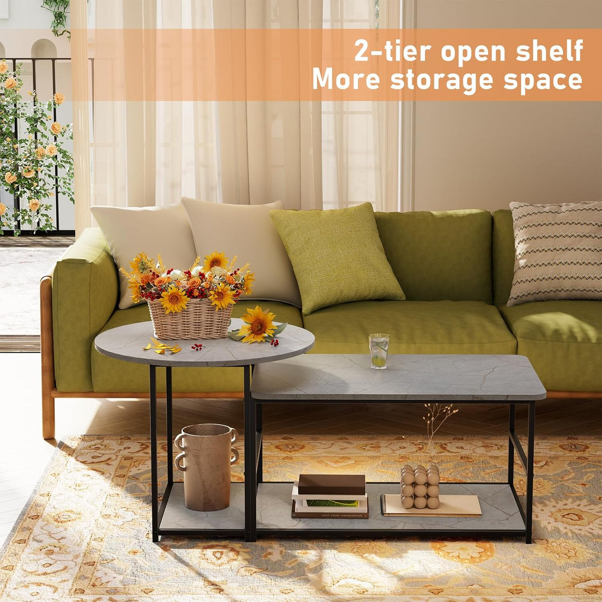 WOHOMO Coffee Table, Modern Style Coffee Tables for Living Room Marble Center Table with Storage 2 in 1Detachable Table Set,Grey Marble