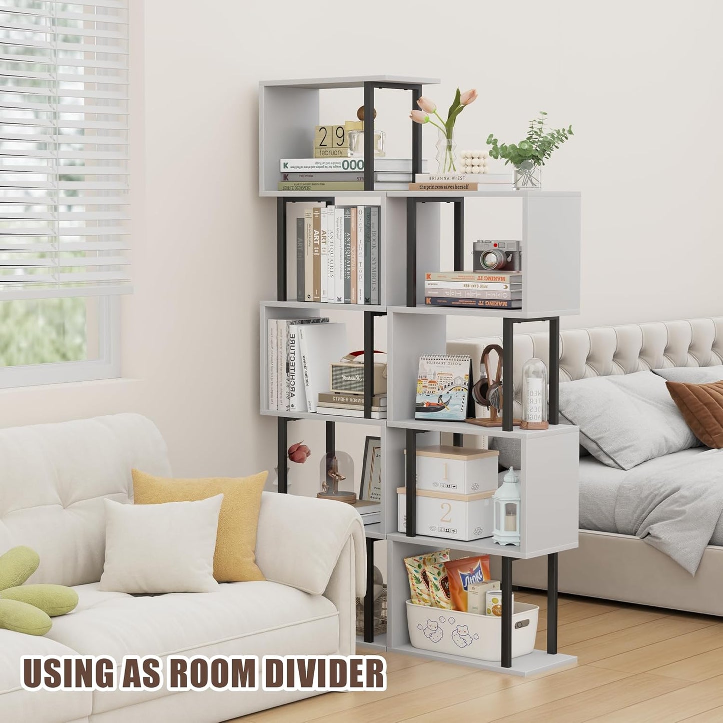 Gadroad 5-Tier Bookshelf, Narrow S-Shaped Geometric Bookcase, Wood Decorative Storage Shelving, Modern Freestanding Display Shelves, Book Shelf Unit for Living Room Bedroom Home Office, White