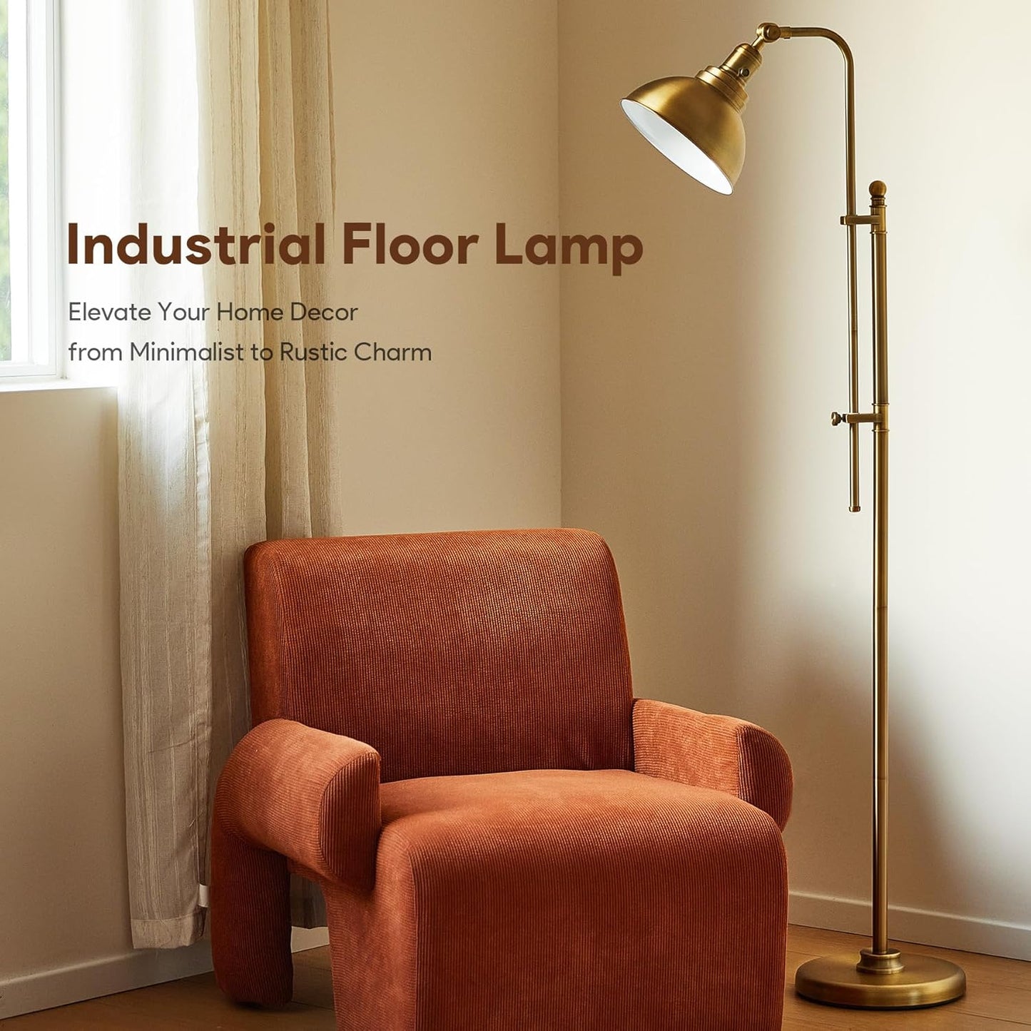 VONLUCE Floor Lamp for Living Room, 65" Industrial Brass Floor Lamp Adjustable Height & Head Vintage Metal Standing Reading Pole Lamp for Bedroom, Office, Farmhouse, ETL Certificate