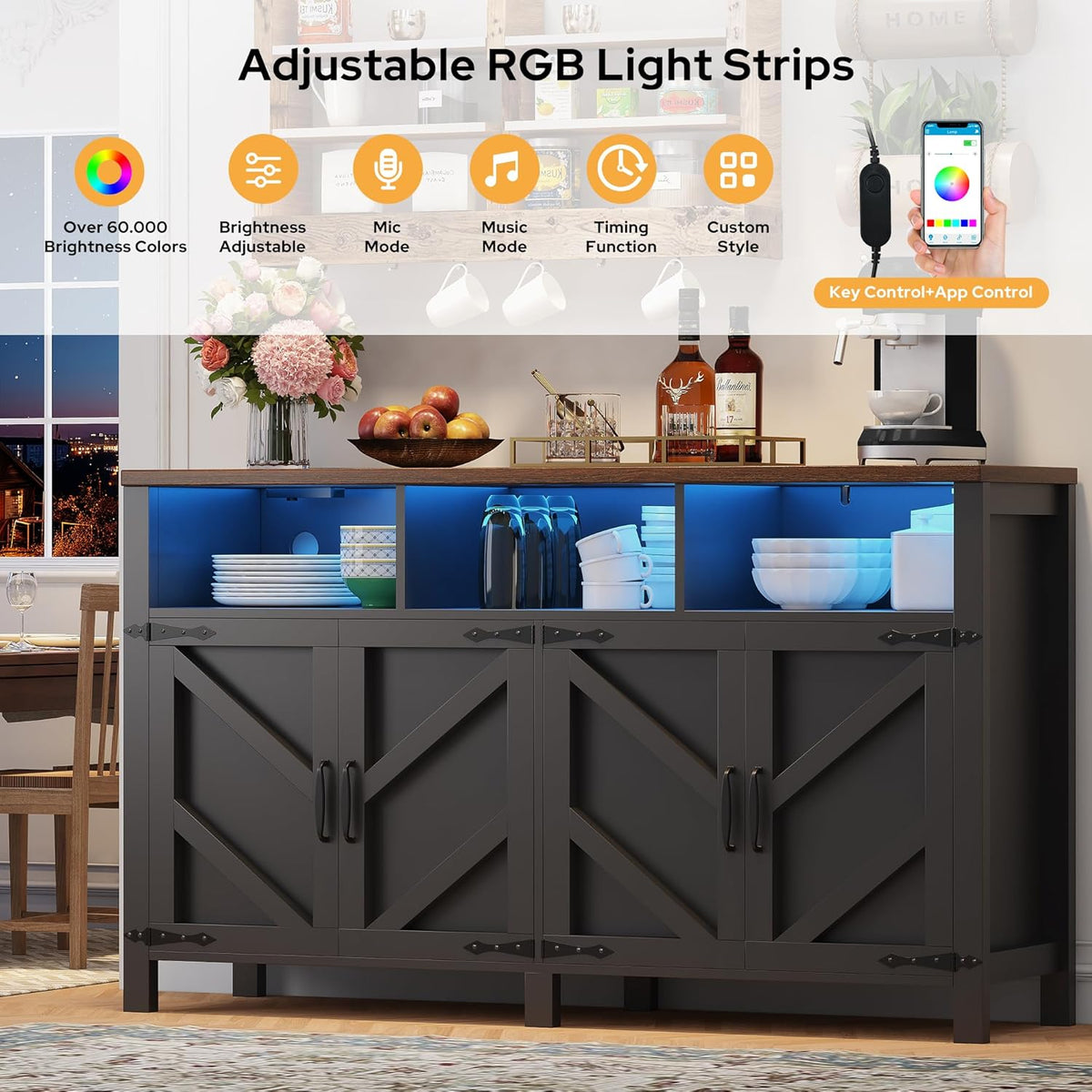 Buffet Sideboard with Storage with Power Outlets & LED Light 4 Doors, 55'' Large Farmhouse Kitchen Storage Cabinet Wood Coffee Bar Cabinet Buffet Table for Kitchen, Dining Room, Entryway