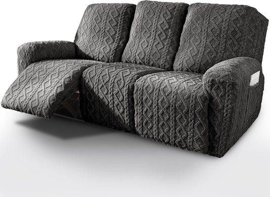 vctops 8 Pieces Geometric Jacquard Plush Recliner Sofa Covers Soft Fuzzy Fluffy 3 Seats Couch Cover Anti-Slip Sofa Slipcover Furniture Protector with Elastic Bottom for Kids Pet(Dark Grey,3 Seat)
