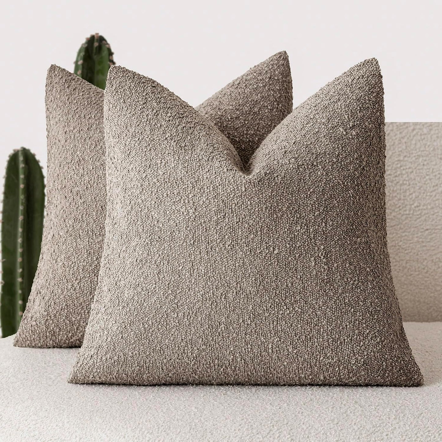 Foindtower Set of 2, Decorative Textured Boucle Throw Pillow Covers Accent Solid Pillow Cases Neutral Soft Cozy Couch Cushion Case for Chair Sofa Bedroom Living Room Home Decor 16x16 Inch Light Taupe