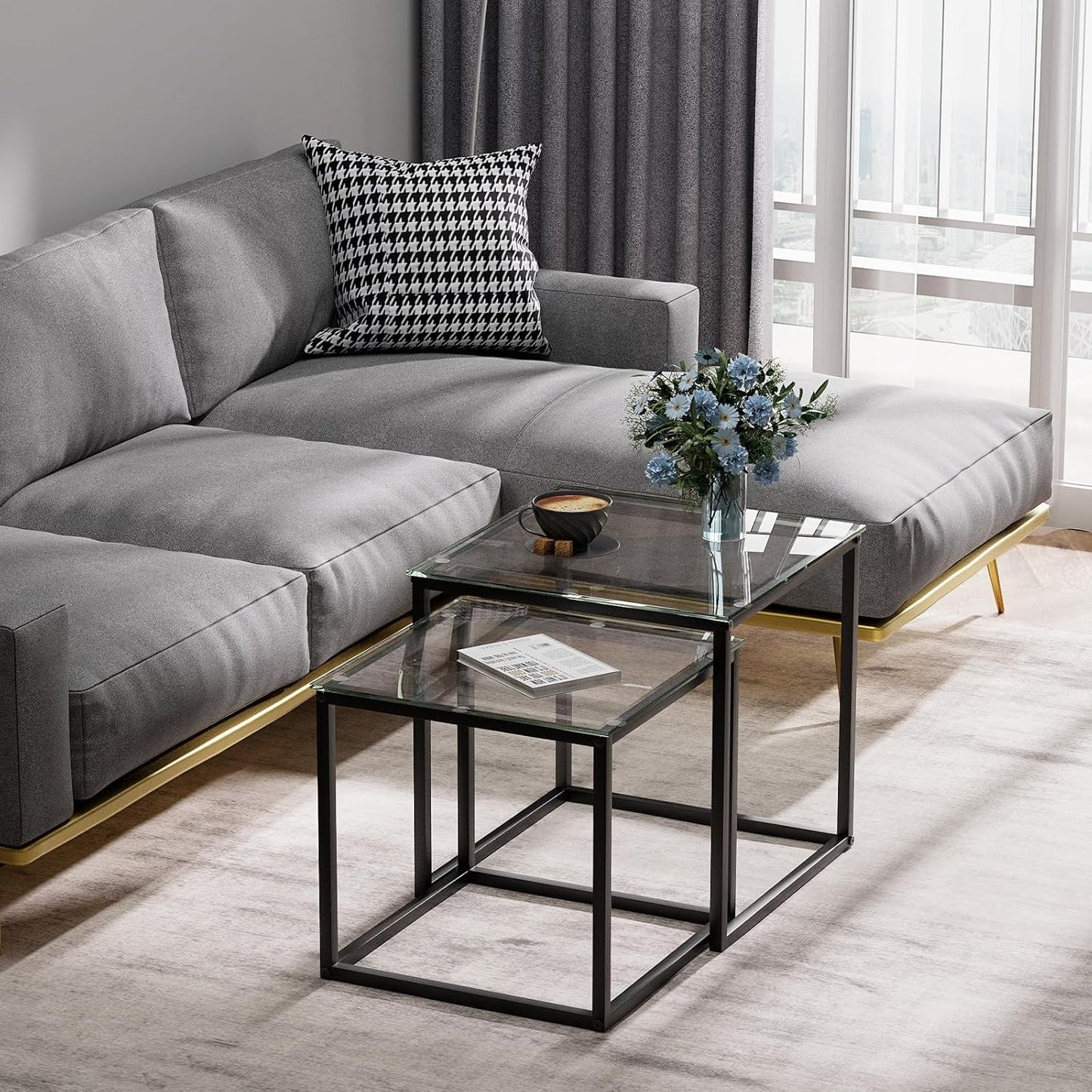 Garden 4 you Coffee Table Set of 2, Modern Glass Nesting Table, Metal Frame Square Center Table Set, Side Tables, Nesting Coffee Table for Living Room, Bedroom and Small Spaces, 19.7in Black