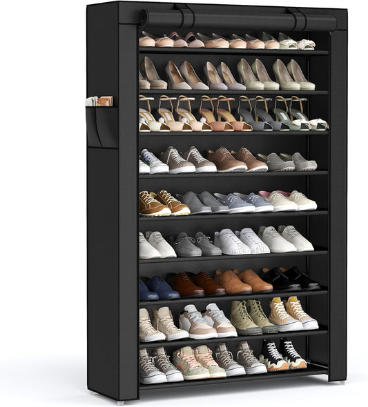 SONGMICS Shoe Rack with Non-Woven Fabric Cover, 9 Tier Storage Shelf for 40-50 Pairs of Shoes, Entryway, Suitable for Sneakers, High Heels, Flats, and Boots, Black URXJ36HV1