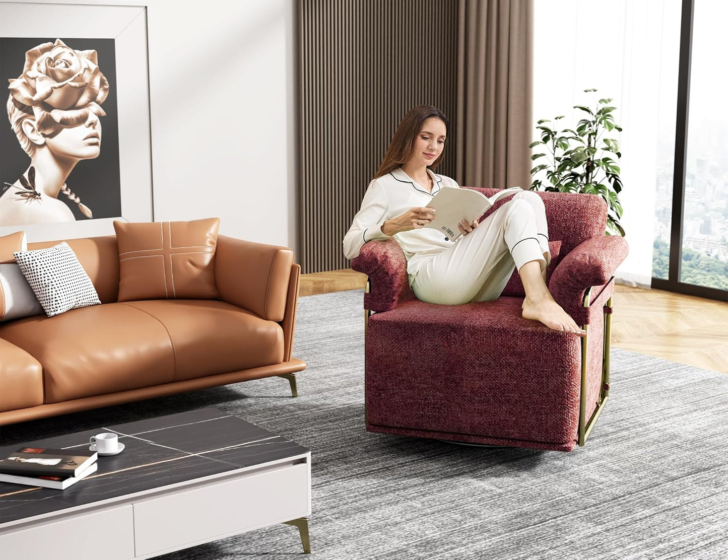 KEIKI Modern Comfy Swivel Accent Reading Chair with Waist Pillows, 360°Square Upholstered Barrel Armchair Single Club Lounge Sofa Chairs for Living Room,Bedroom,Office,DarkRed