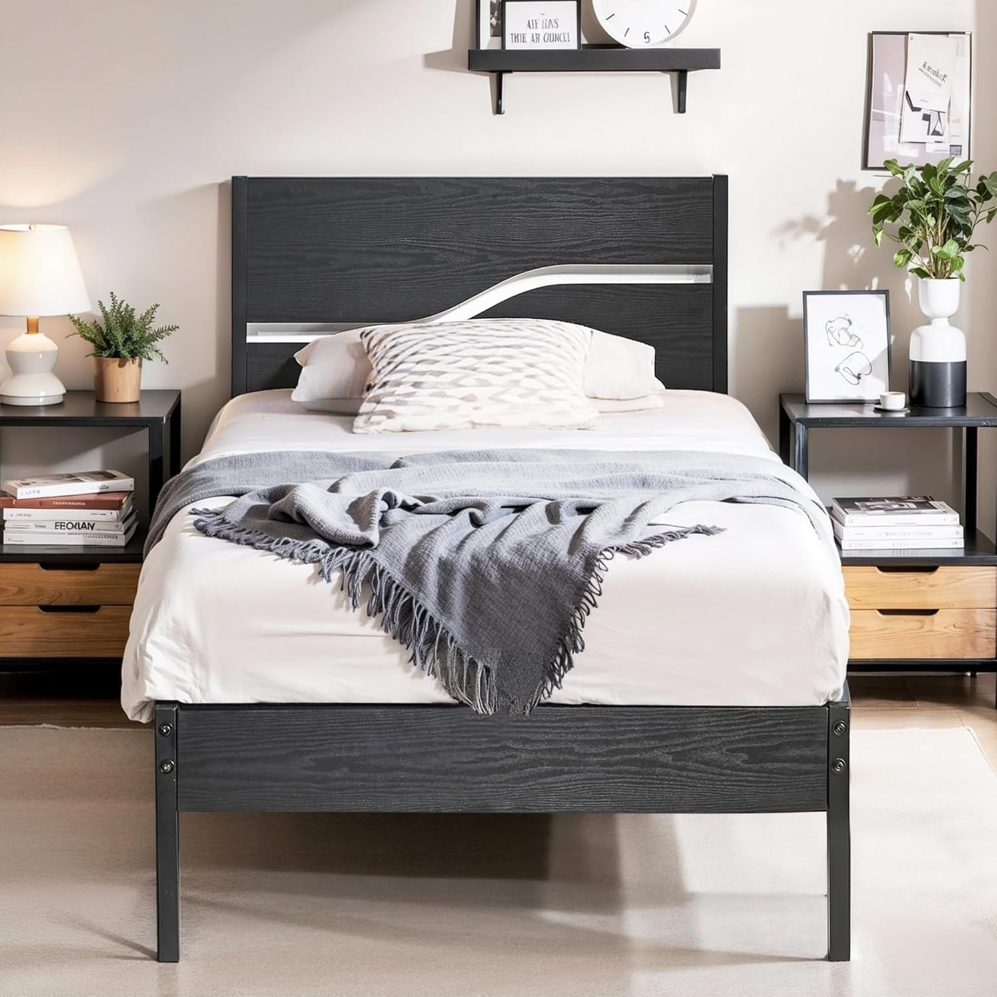 VECELO Twin Size Bed Frame with Wood Headboard and Footboard, 14 Inch Platform/No Box Spring Needed, Heavy Duty Support, Easy Assembly