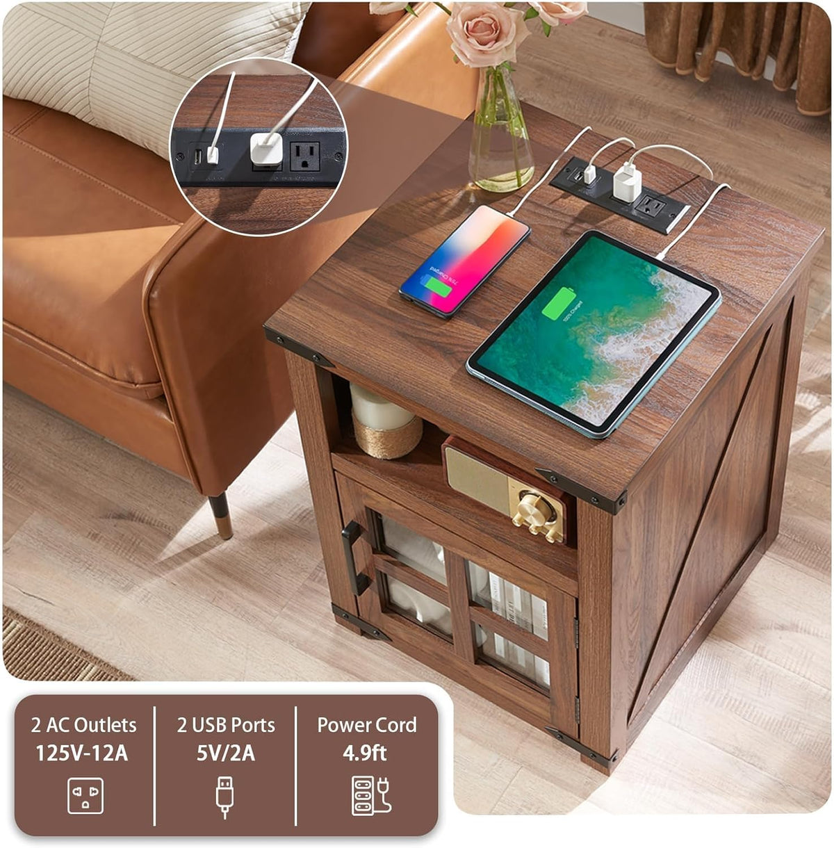 Farmhouse Nightstand with Charging Station, Rustic End Table with Tempered Glass Barn Door, Wood Sofa Side Bedside Table with Open Storage Shelf for Living Room, Bedroom, Brown