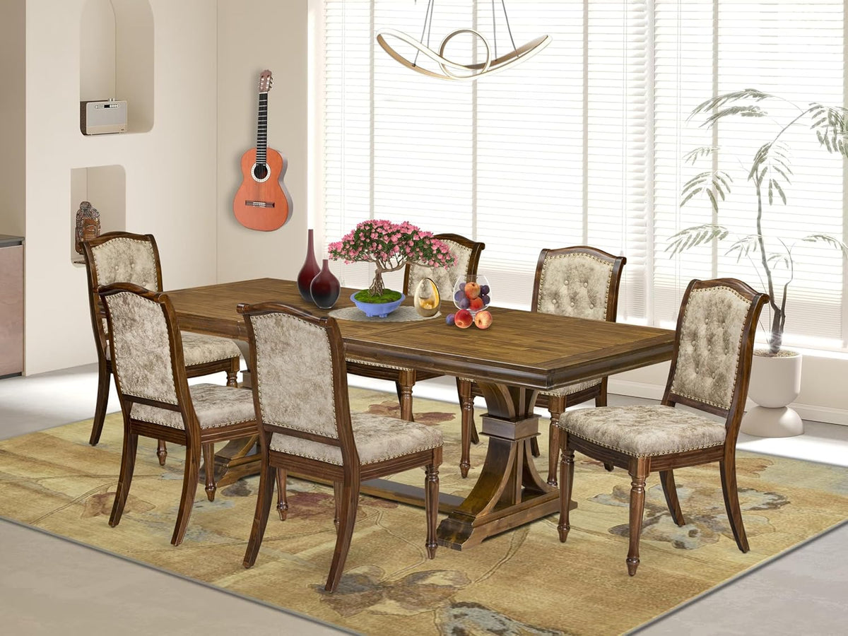 LEMA7-AWA-36 7 Pieces Dining Room Set Consists of a Rectangular Modern Dining Table and 6 Light Beige Polyester Fabric Kitchen Chairs, Antique Walnut Finish