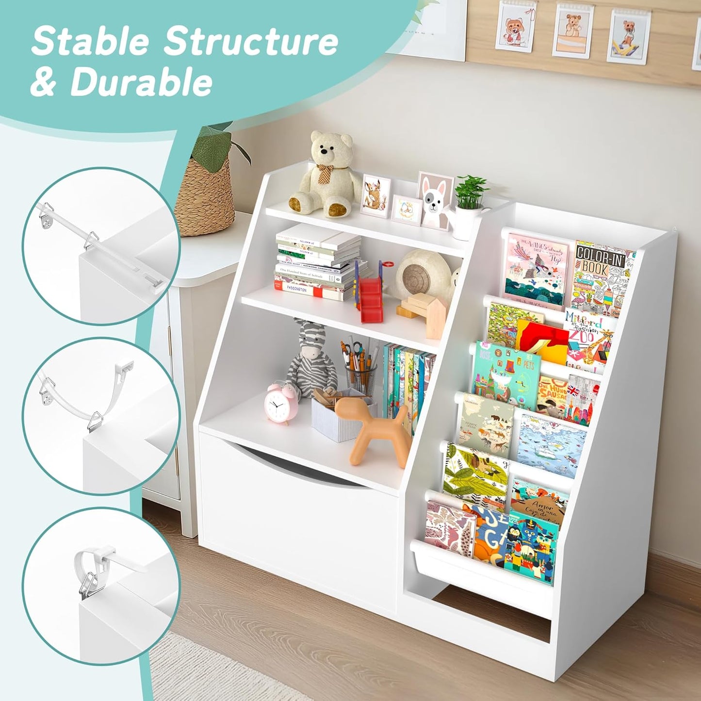 TOETOL Kids Bookshelf & Book Storage,3 Tier Wooden Toddler Bookshelf for Children,Nursery Book Shelves with 6 Sling,Organizer & Book Shelf for Kids Rooms,Bedroom,Playroom White