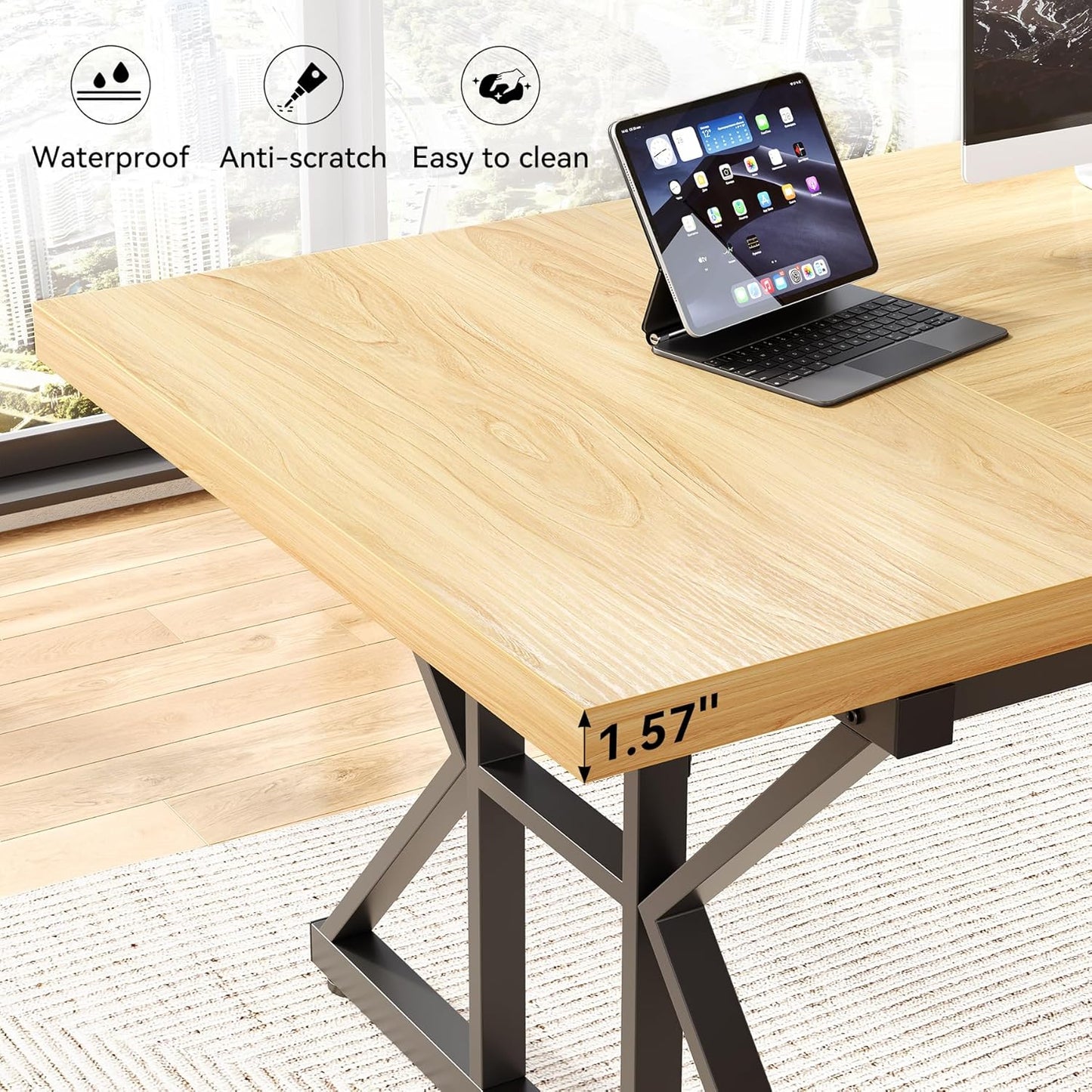 LITTLE TREE 70.8-Inch Large Executive Desk, Modern Computer Office Desk, Wooden Writing Desk Study Table for Home Office, Light Walnut-Black