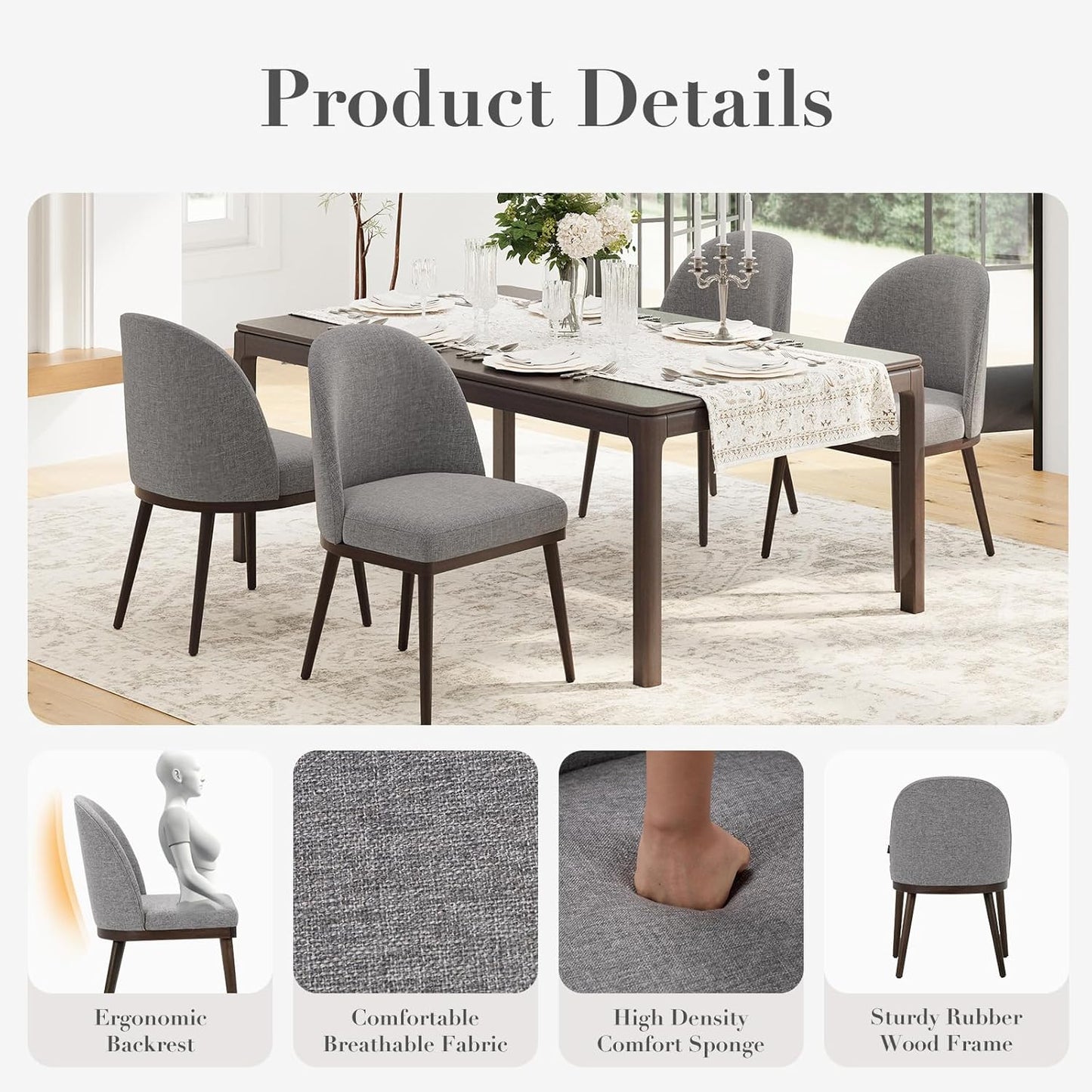 COLAMY Upholstered Dining Chairs Set of 6, Large Dining Room Kitchen Chairs with High Back and Deep Seat, Modern Fabric Dinner Chairs with Wood Legs, Dark Grey
