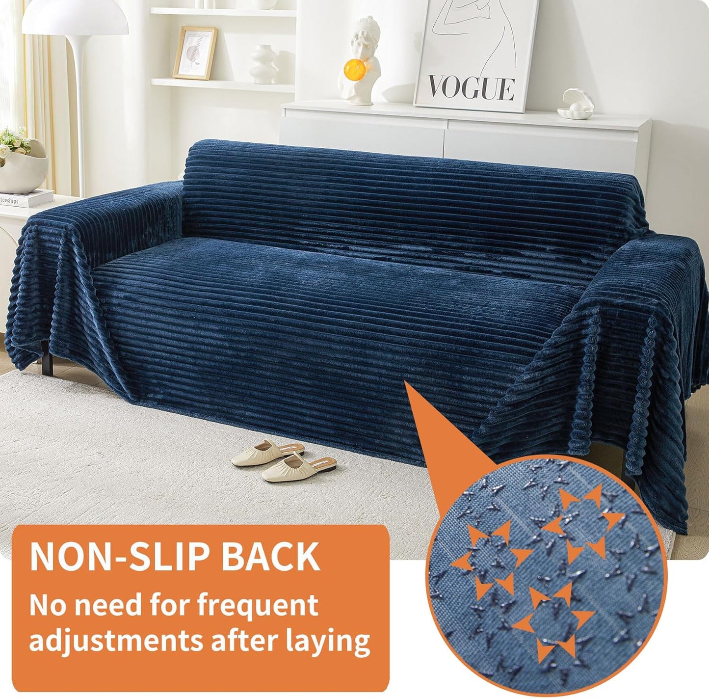 HAOMAIJIA Faux Fur Sofa Covers Couch Covers for 3 Cushion Couch Sofa Pet Friendly Soft Non Slip Couch Cover for Dogs Washable Sectional Couch Covers L Shape Furniture Protector (Navy Blue, 91"x150")