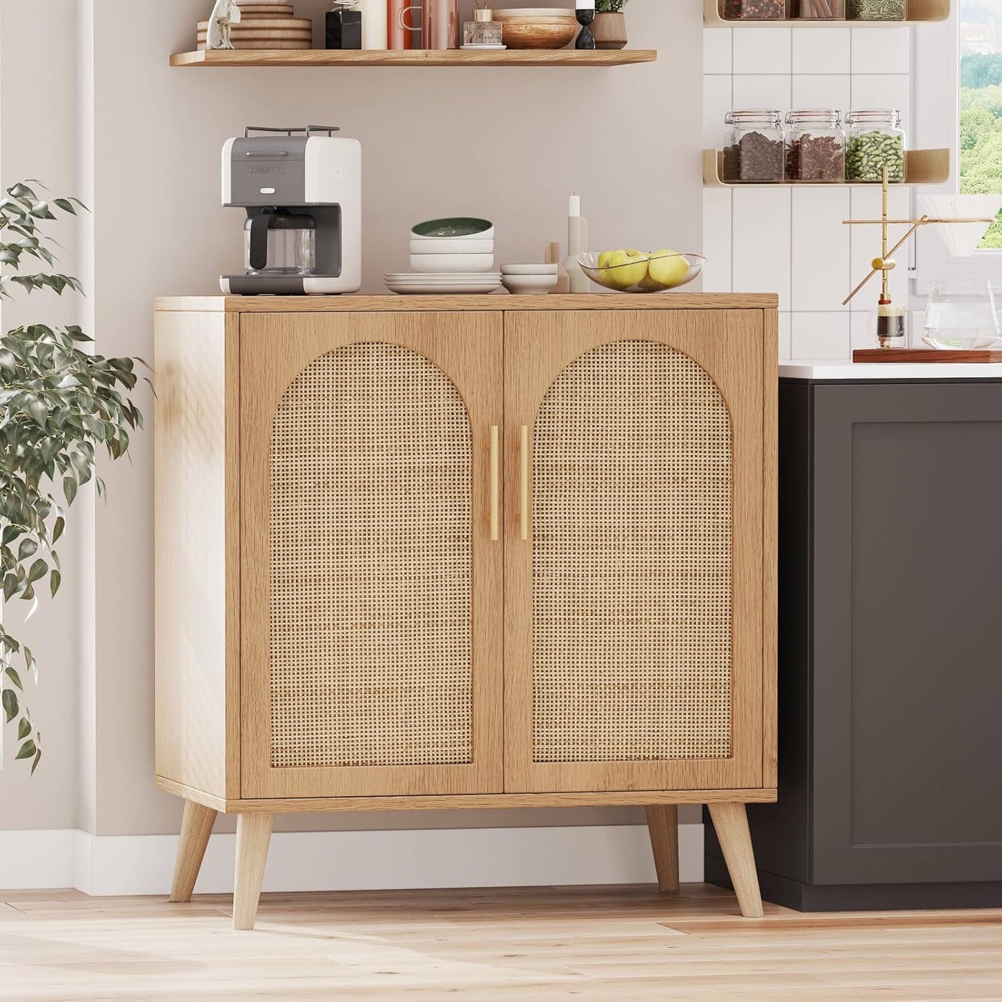 Rovaurx Rattan Storage Cabinet with Doors, Modern Accent Bathroom Floor Cabinet, Sideboard Buffet for Living Room, Entryway, Dining Room and Kitchen, Natural BMGZ108M