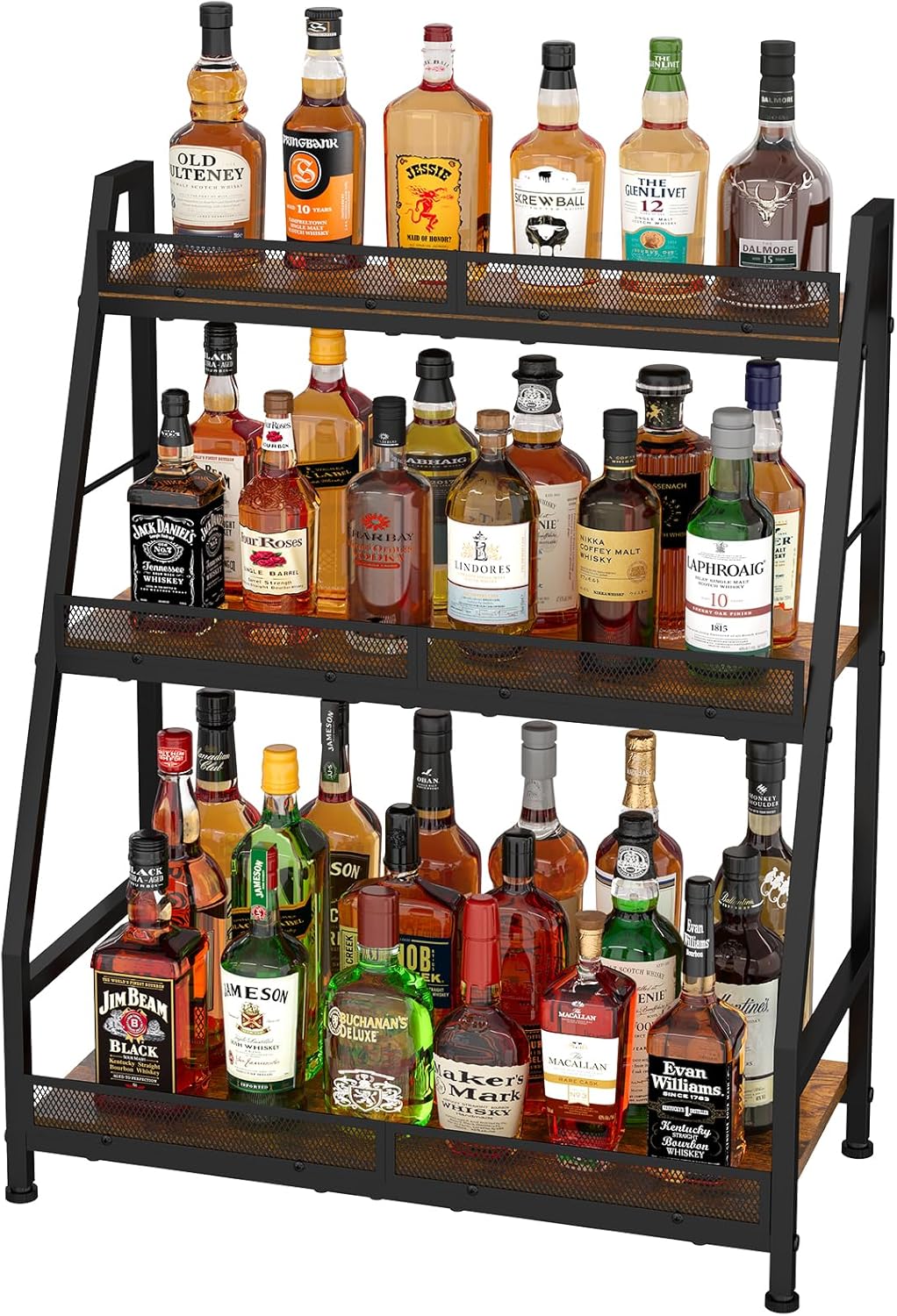 3-Tier Expanded Liquor Stand, Trapezoid Wine Rack Freestanding Floor, Large-Capacity Bar Stand for Liquor Whiskey Wine Storage, Vintage Liquor Cabinet Bar for Home(Patent Pending)