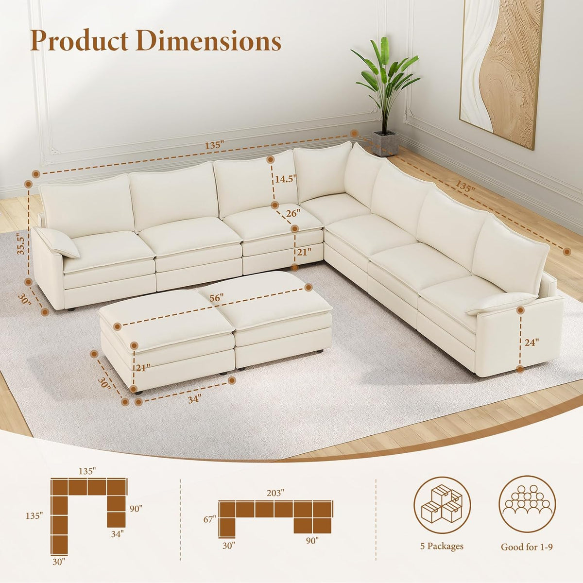 Vesgantti Large Modular Sectional Sofa, Big Comfy Cloud Couch with Ottoman Deep Seat Chenille Cloud Sofa, 9 Seater Large Sectional Couches for Living Room, Bedroom and Apartment, Snow White