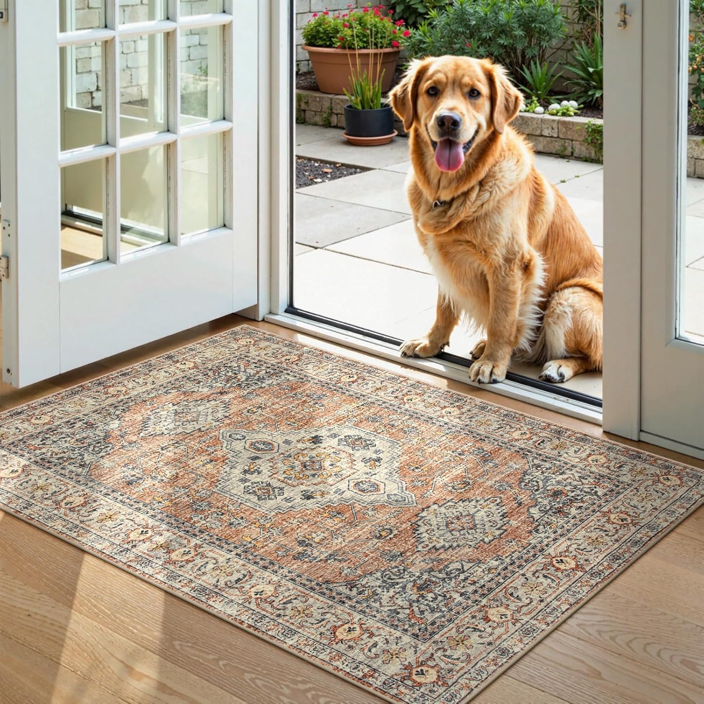 Lahome Oriental Door Mat Indoor Entrance, 2x3 Washable Indoor Rugs for Entryway Soft Small Kitchen Rugs Non Slip Ultra-Thin, Vintage Door Mat Carpet for Bedroom Bathroom, Peach/Orange