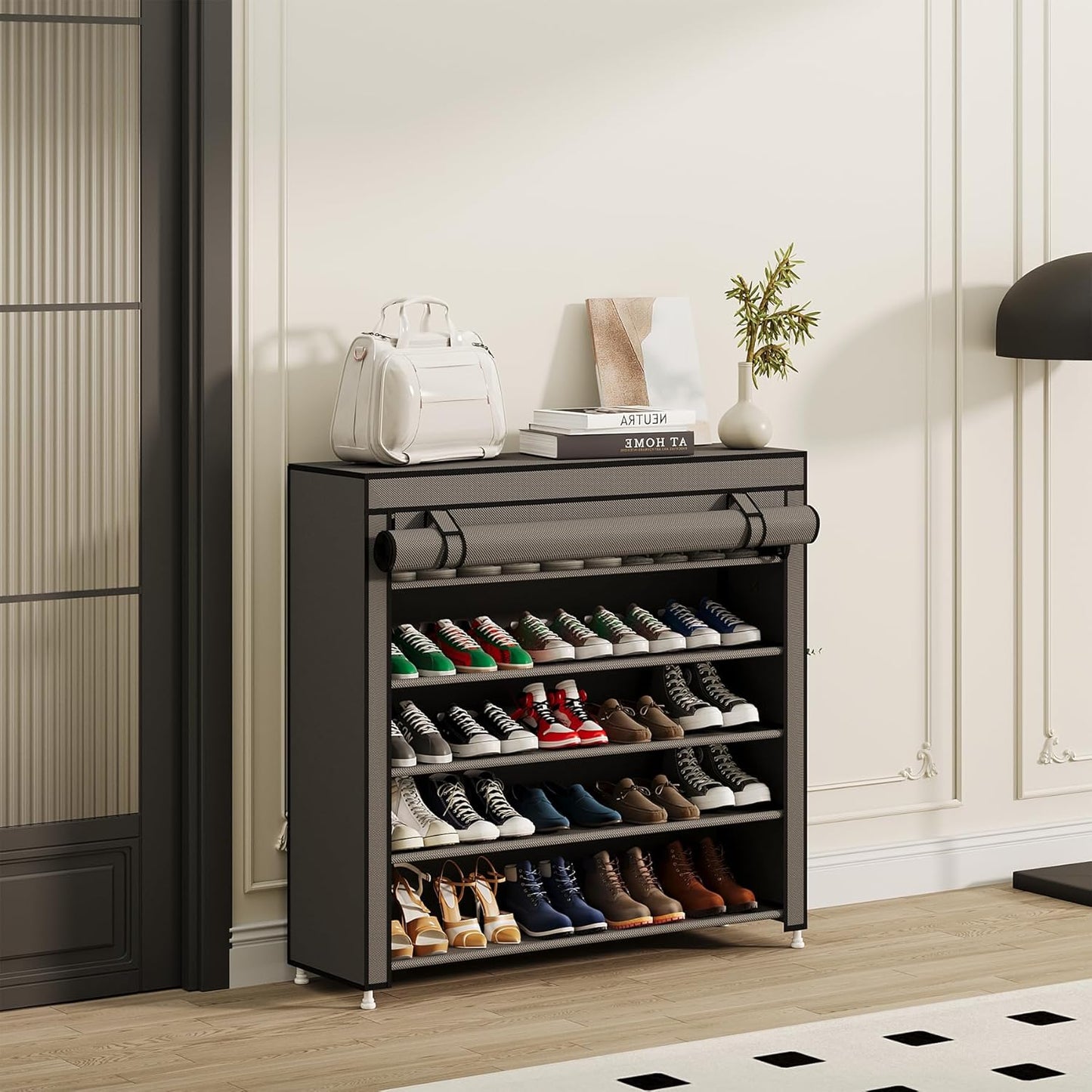 Calmootey 5 Tier Shoe Rack Organizer to Hold 25 Pairs, Portable Shoe Shelf with Nonwoven Fabric Cover for Closet Hallway, Bedroom, Entryway, Grey