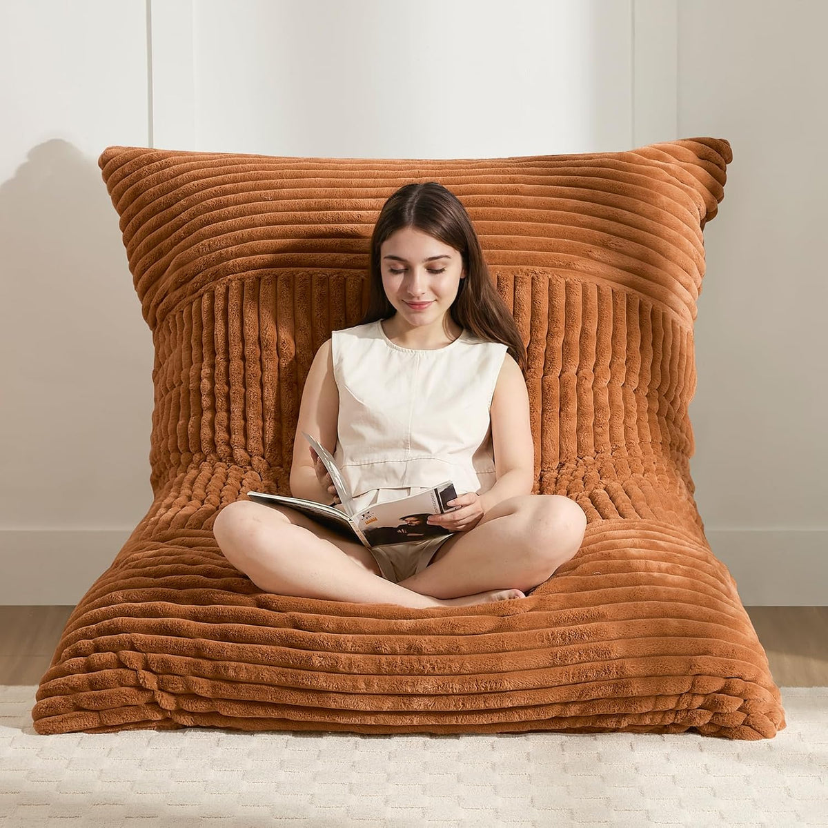 3-in-1 Giant Bean Bag Chair for Adults & Kid, Convertible Floor Sofa to Mattress, High-Density Foam Chair Bed with Washable Cover, Multi Functional Lounge Couch for Bedroom, Living Room (Orange)
