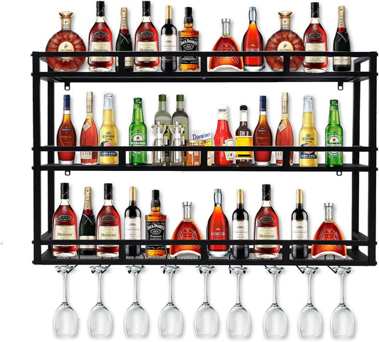 Metal Wine Rack Wall Mounted, Bar Shelves for Liquor Bottles with LED Light, 3 Tier Large Capacity Liquor Rack Wall Mounted with Glass Holder for Home Bar & Dining Room （Black, 47in/120cm）