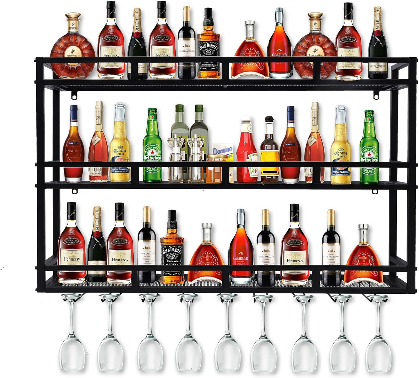Metal Wine Rack Wall Mounted, Bar Shelves for Liquor Bottles with LED Light, 3 Tier Large Capacity Liquor Rack Wall Mounted with Glass Holder for Home Bar & Dining Room （Black, 31in/80cm）