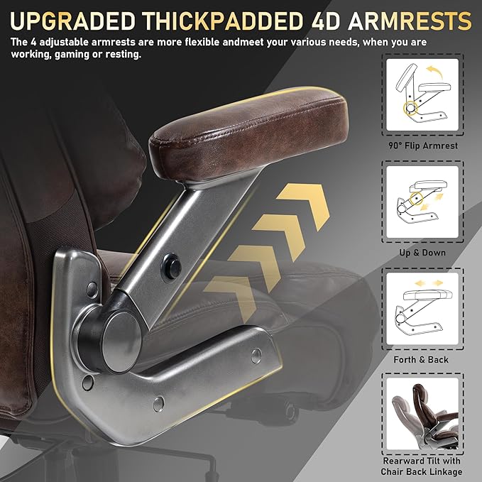 DYHOME 700LBS Heavy Duty Office Chair with 4d Armrest, Big and Tall Office Chair, Ergonomic Computer Chair with Airbag Lumbar Support, Wider Thicker Seat Cushion, PU Comfy Office Desk Chairs, Brown