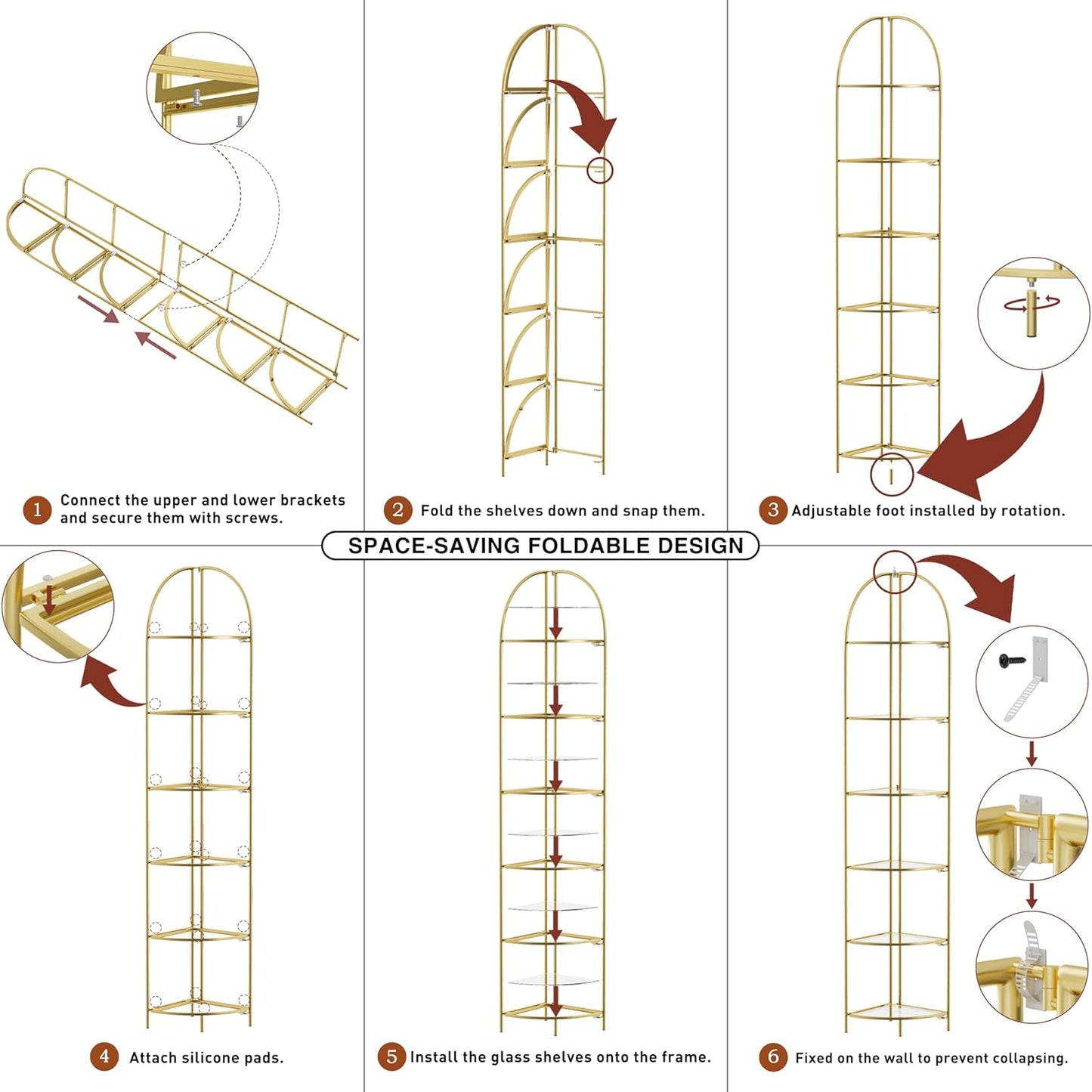 Crofy Foldable 6 Tier Corner Shelf, Metal Corner Plant Stand with Gold Frame and Transparent Shelves, Corner Display Rack Multipurpose Shelving Unit for Living Room, Bedroom, Bathroom