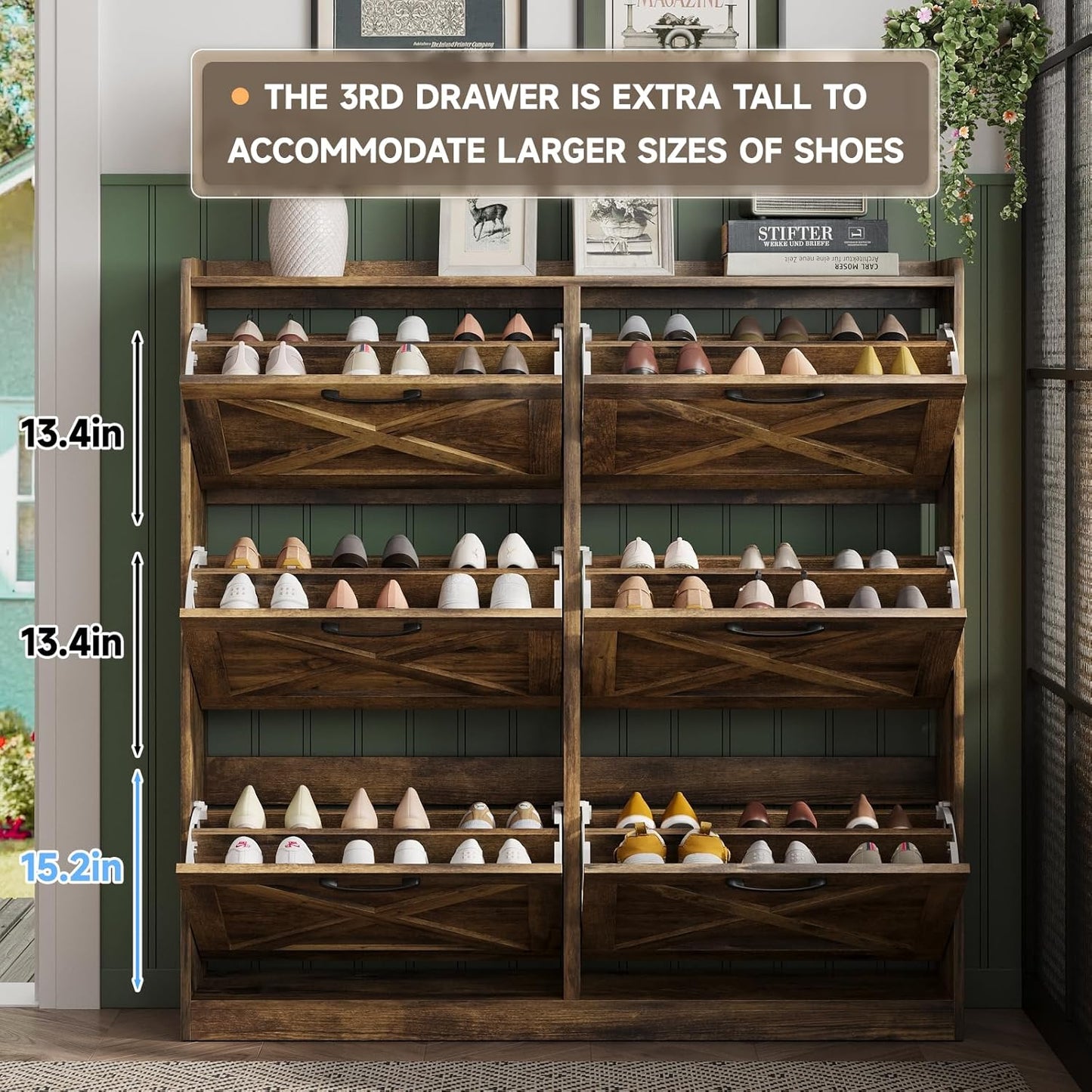 Maupvit Large Shoe Storage Cabinet with 6 Flip Drawers, Freestanding Shoe Organizer with Metal Handles for Entryway, Narrow Shoe Rack Cabinet, Rustic Brown