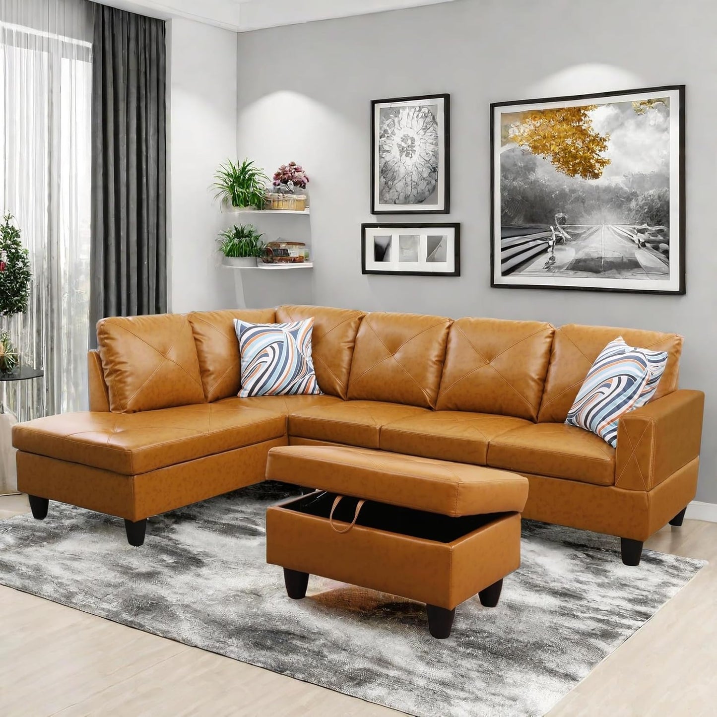 Modular Leather Sectional Couch, L Shaped Couch with Storage, Convertible Sofa with Ottomans, Modern Sectional Sofa for Living Room and Office, Ginger