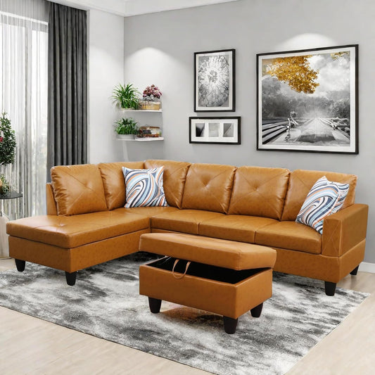 Modular Leather Sectional Couch, L Shaped Couch with Storage, Convertible Sofa with Ottomans, Modern Sectional Sofa for Living Room and Office, Ginger
