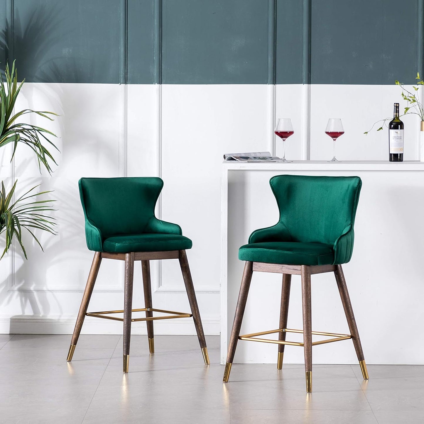 Roundhill Furniture Leland Fabric Upholstered Counter Height Wingback Stools, Set of 2, Green