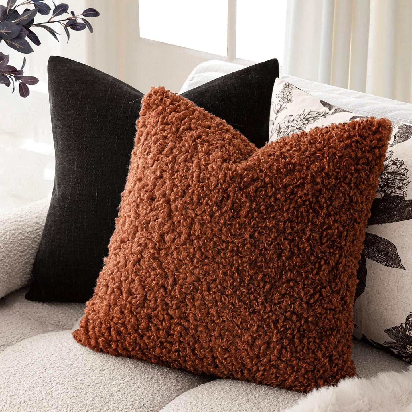 Foindtower 2 Pieces 24x24 Inch Hazel Brown,Faux Fur Throw Pillow Cover Accent Sherpa Furry Pillow Covers Fuzzy Soft Pillowcases Cozy Sheepskin Decorative Fleece Cushion Case for Bed Couch Living Room