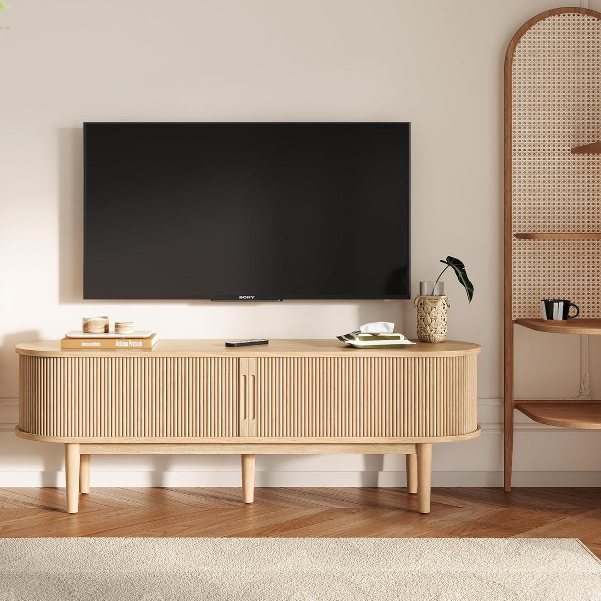 LINSY 58" Fluted TV Stand, Modern Entertainment Center for TVs Up to 65 inches, TV Console with Sliding Doors, Curved Profile Design, Media Console for Living Room, Light Wood