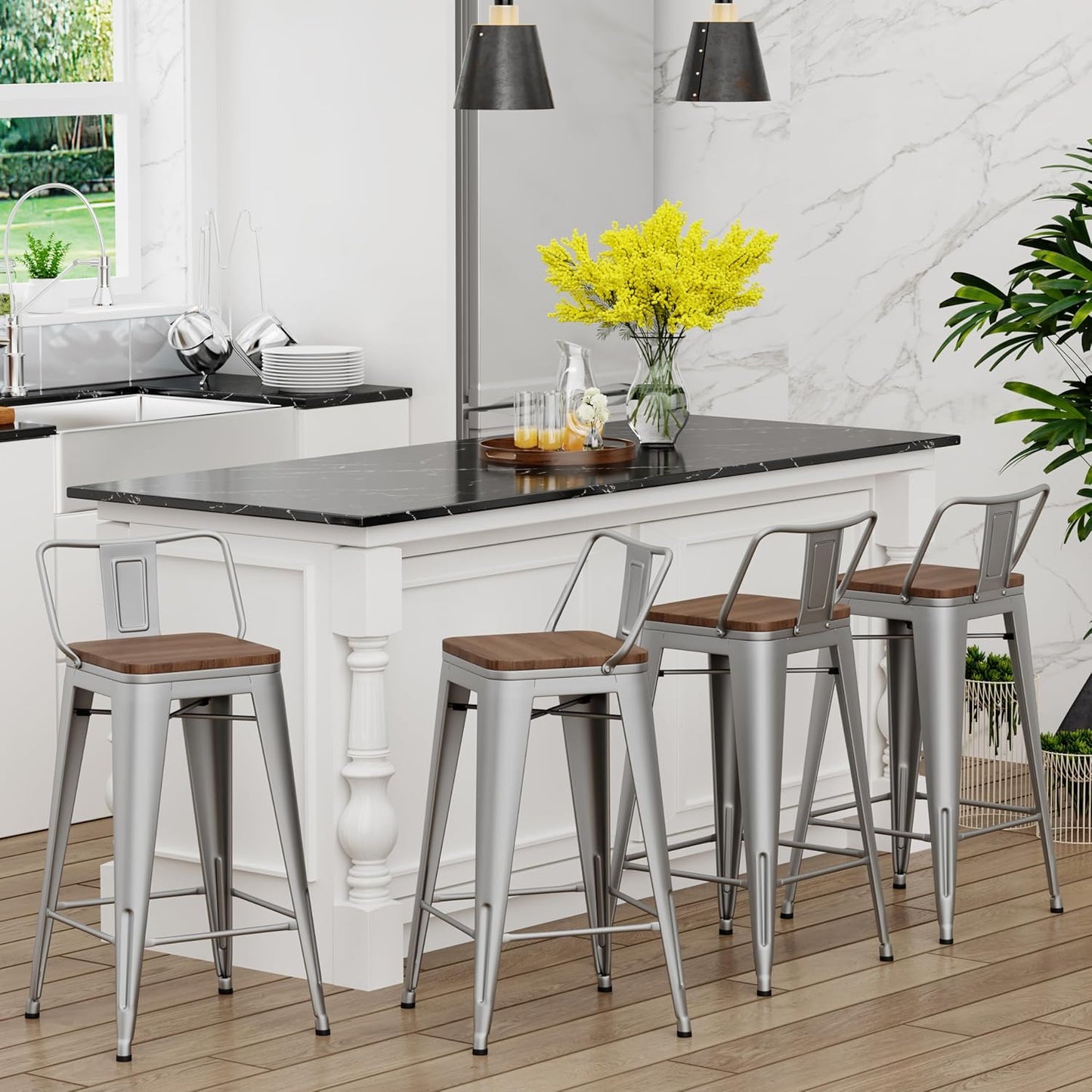 Yongchuang 26" Metal Barstools Set of 4 Low Back Bar Stool Counter Height Bar Stools with Wooden Top Silver