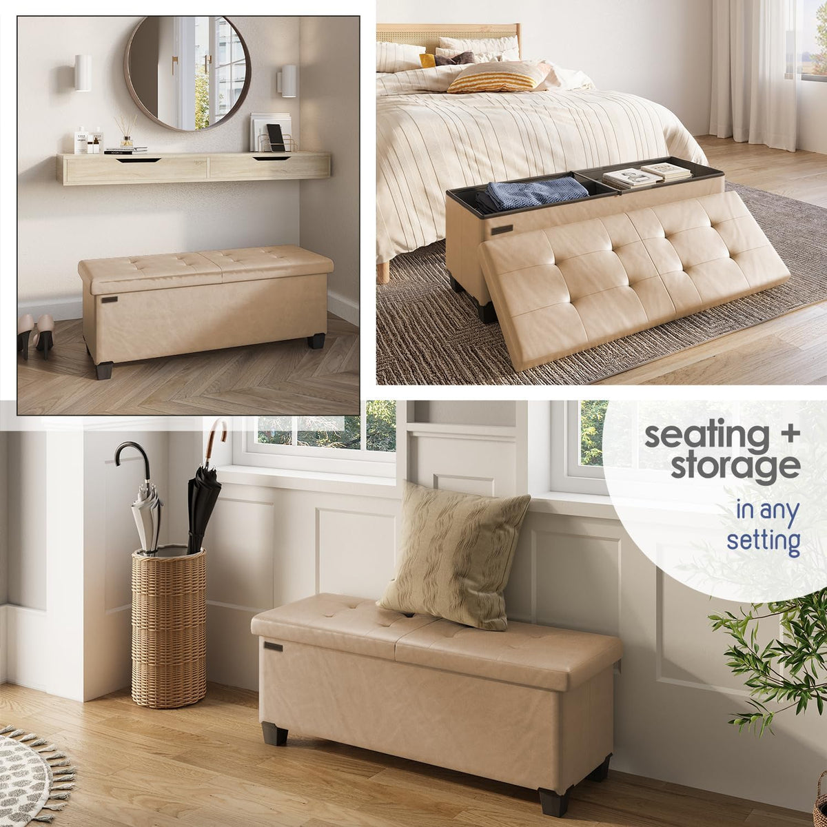 STORAGEBUD Storage Ottoman Bench with Bins, 43-in Storage Bench for Bedroom End of Bed, Folding Foot Rest Ottoman for Living Room Max 660lbs, Faux Leather Ottomans, Taupe