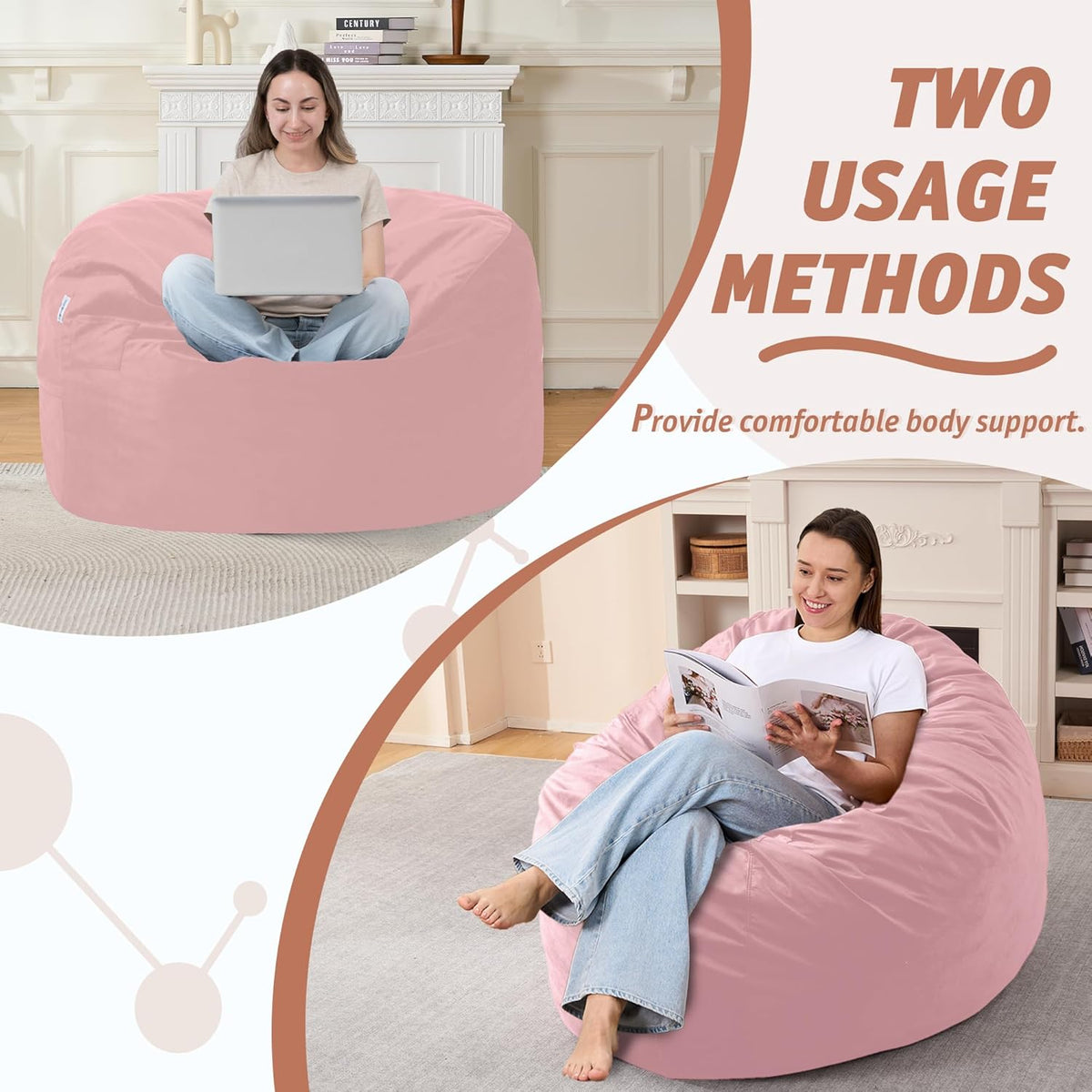 3FT Bean Bag Chair with Ultra Soft Velvet Cover Bean Bag Sofa with Memory Foam Bean Bag Chairs with Large Size Lazy Sofa for Dorm Office Living Room Bedroom Light Pink 3'
