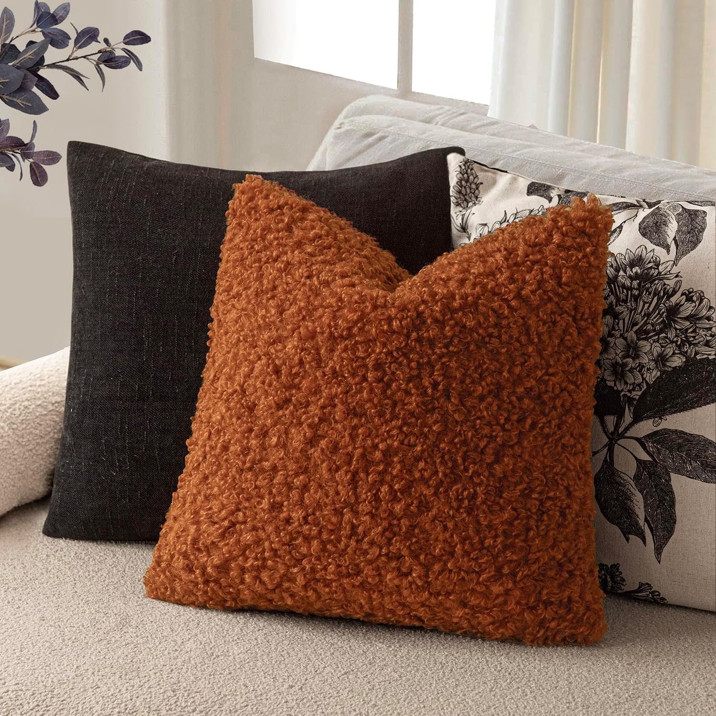 Foindtower 2 Pieces 16x16 Inch Burnt Orange, Faux Fur Throw Pillow Cover Accent Sherpa Furry Pillow Cover Fuzzy Soft Pillowcases Cozy Sheepskin Decorative Fleece Cushion Case for Bed Couch Living Room