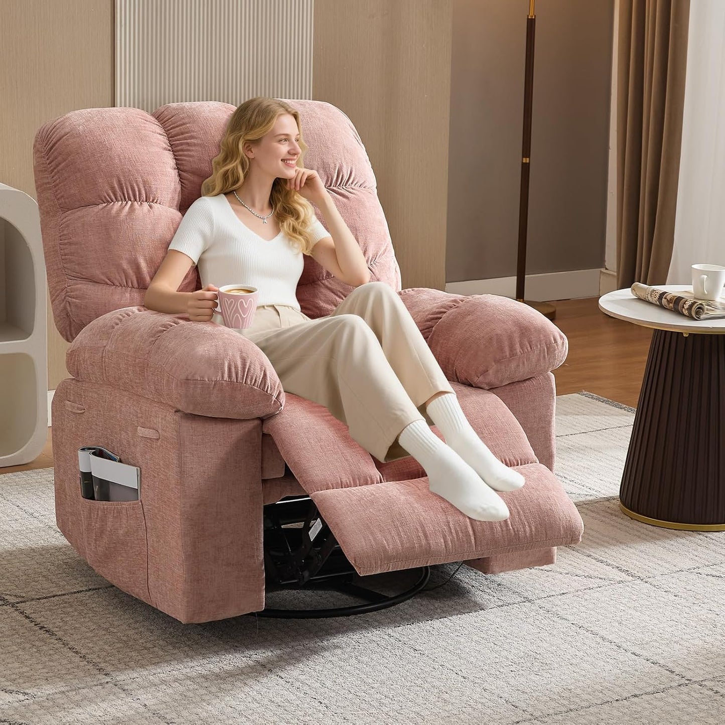 Rocking Recliner Chair with Vibration Massage & Heat, 360° Swivel Oversized Rocker Recliner with Side Pocket for Living Room, Bedroom & Nursery