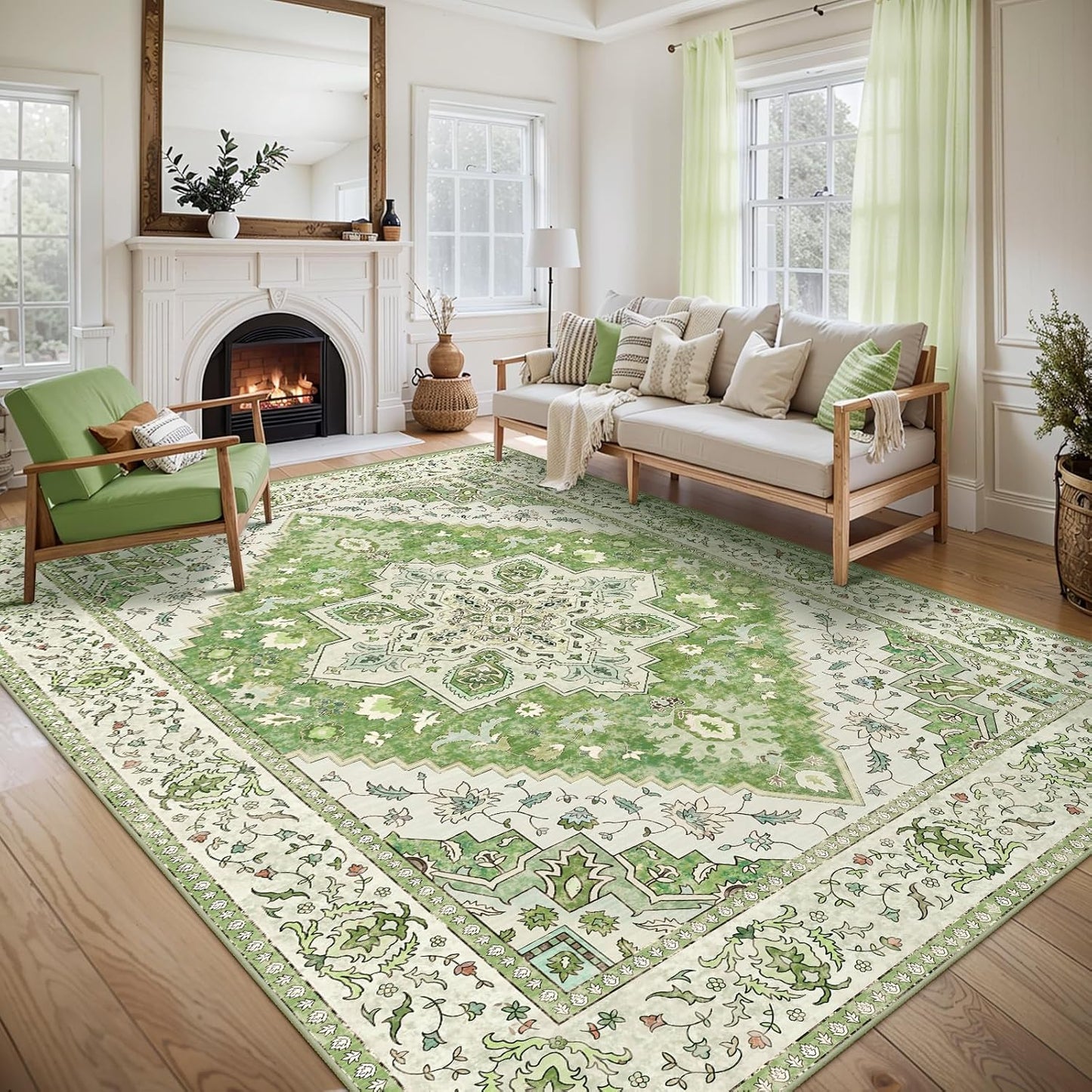 Tangsoo 5x7 Area Rug Washable Rug for Living Room, Vintage Indoor Non Slip Large Area Rugs, Print Distressed Green Carpet, Soft Low Pile Foldable Floor for Bedroom Dining Room Dorm