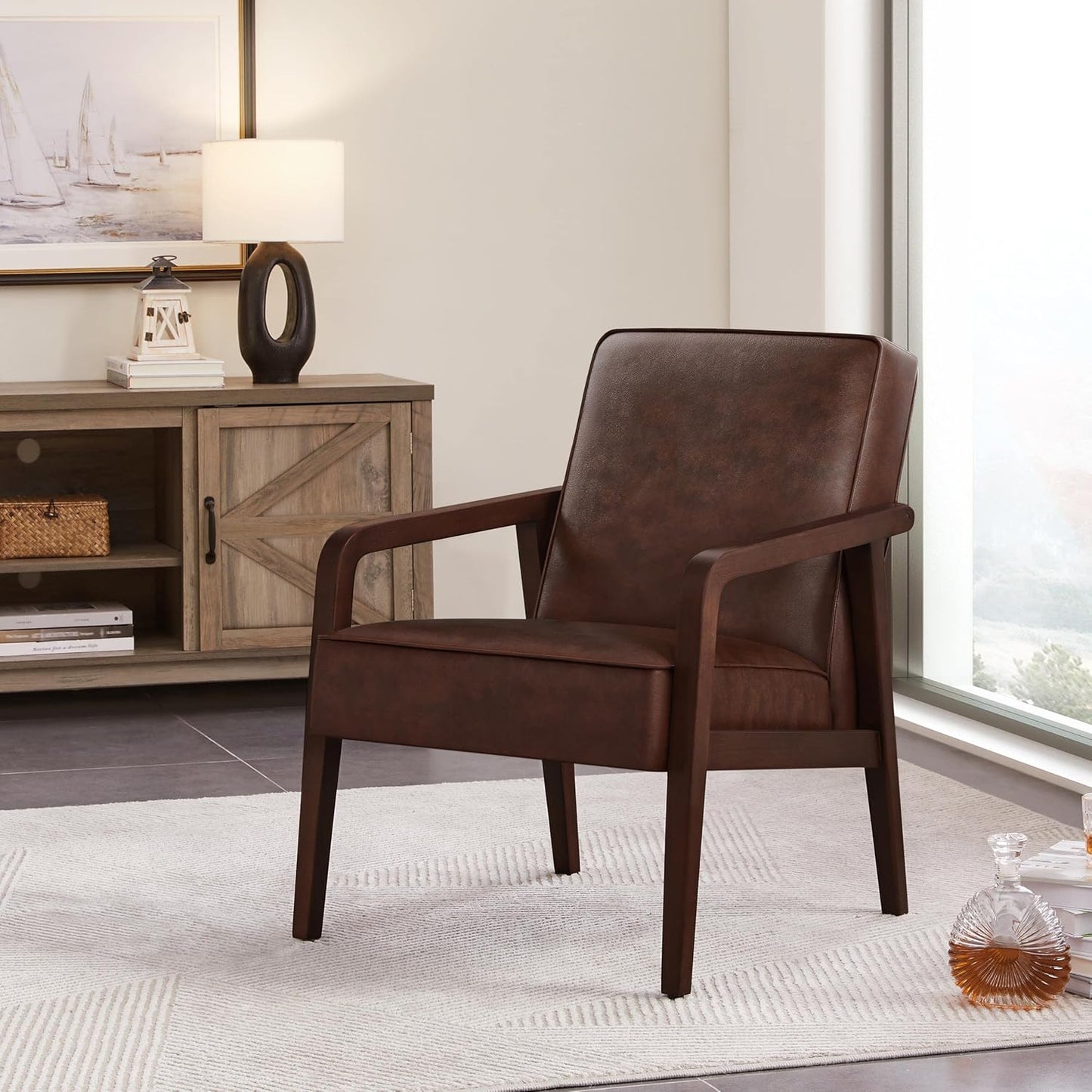 Yaheetech PU Leather Accent Chair, Mid-Century Modern Barrel Chair with Wooden Frame and Soft Thick Padded for Living Room Bedroom Home Office, Dark Brown