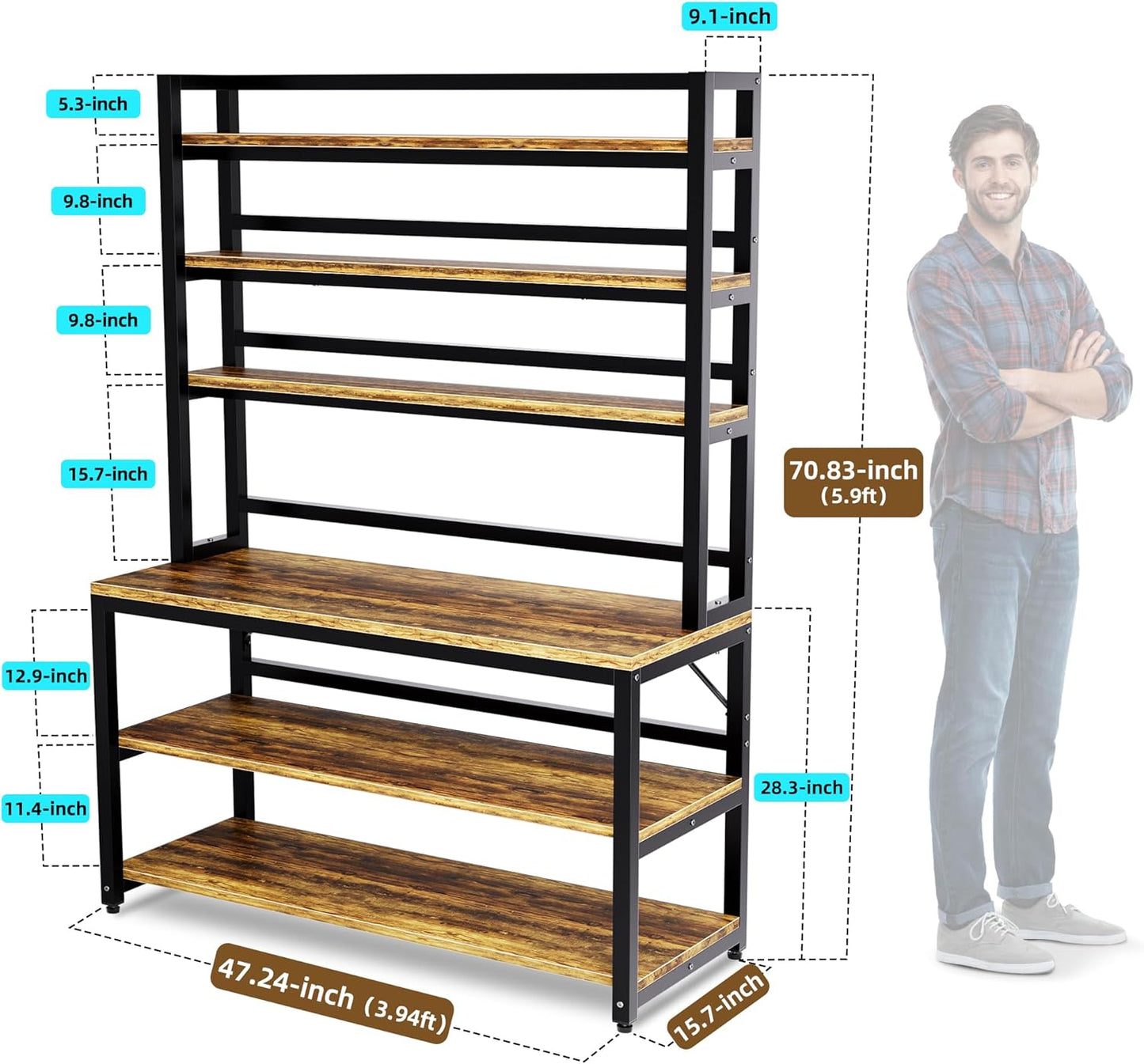 Aquzee Bakers Racks for Kitchens with Storage, 6 Tiers Large(47.2“W x 15.7”D x 70.8" H) Kitchen Stand with Hutch, Freestanding Organizer with Shelves,Rustic Brown