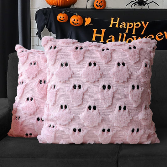 4TH Emotion Halloween Ghost Decorative Pillow Covers 18x18 Set of 2, Pink Soft Plush Faux Fur Farmhouse Throw Cushion Cases for Fall Autumn Holiday Home Decorations