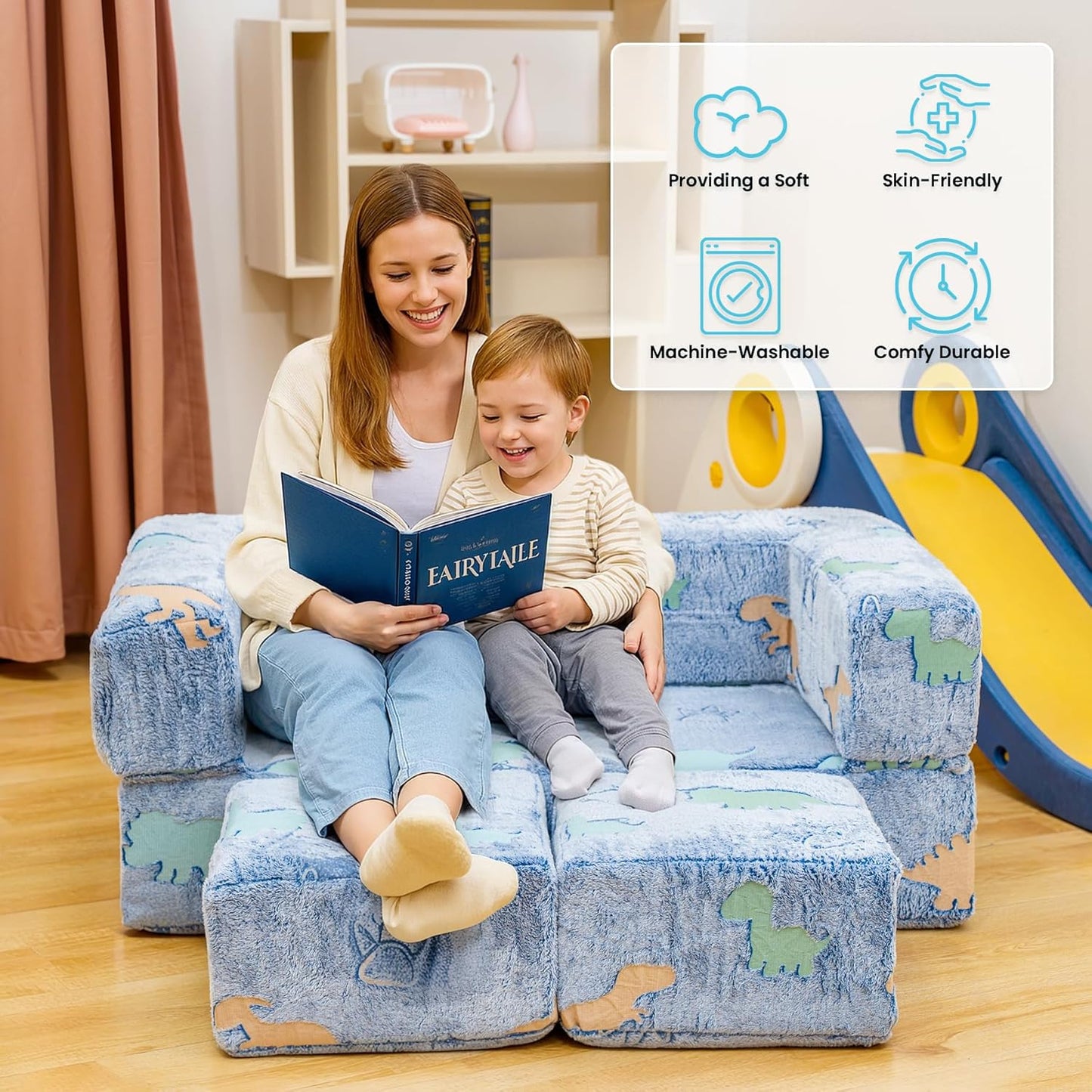 Lamerge Toddler Couch Glow in The Dark Toddler Fold Out Couch for playroom, Convertible Baby Fold Out Play Foam and Floor Cushion for Bedroom (Blue+Dinosaur)