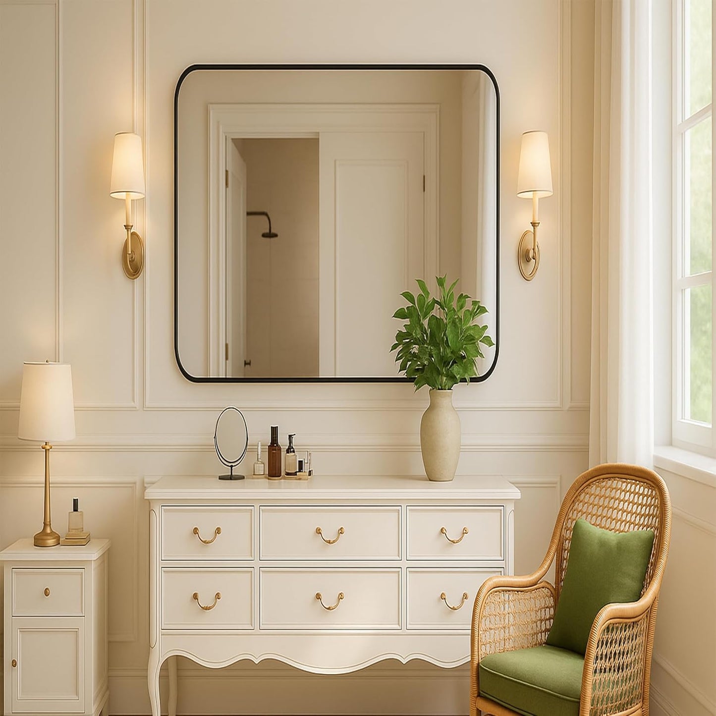 KOCUUY 30"x30" Square Rectangle Vanity Mirror, Black Metal Frame Mirror with Rounded Corner, Modern Design of Upgraded Shatterproof Glass for Bathroom, Bedroom, Living Room, Entryway